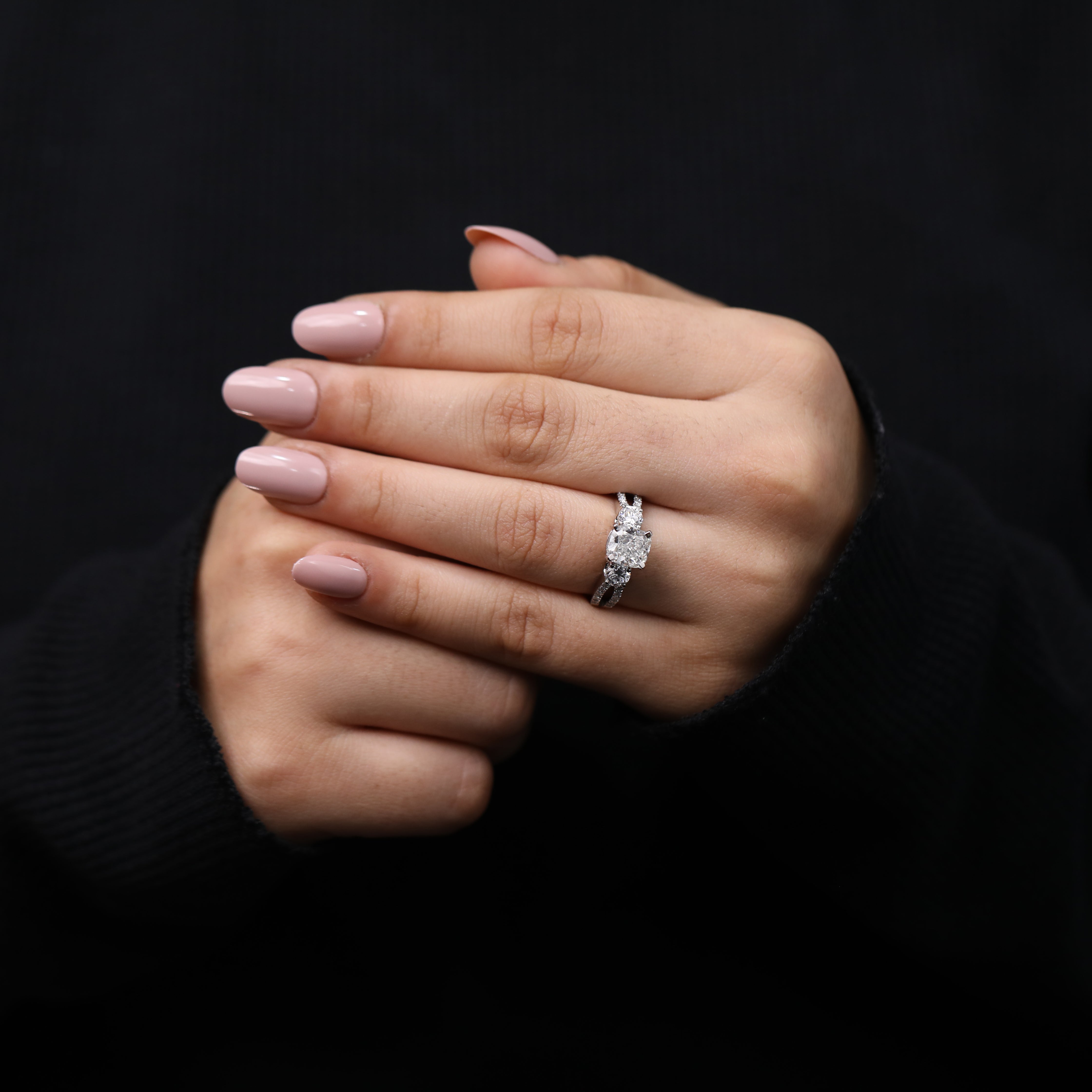 Lab grown cushion cut diamond engagement ring with modern split shank design