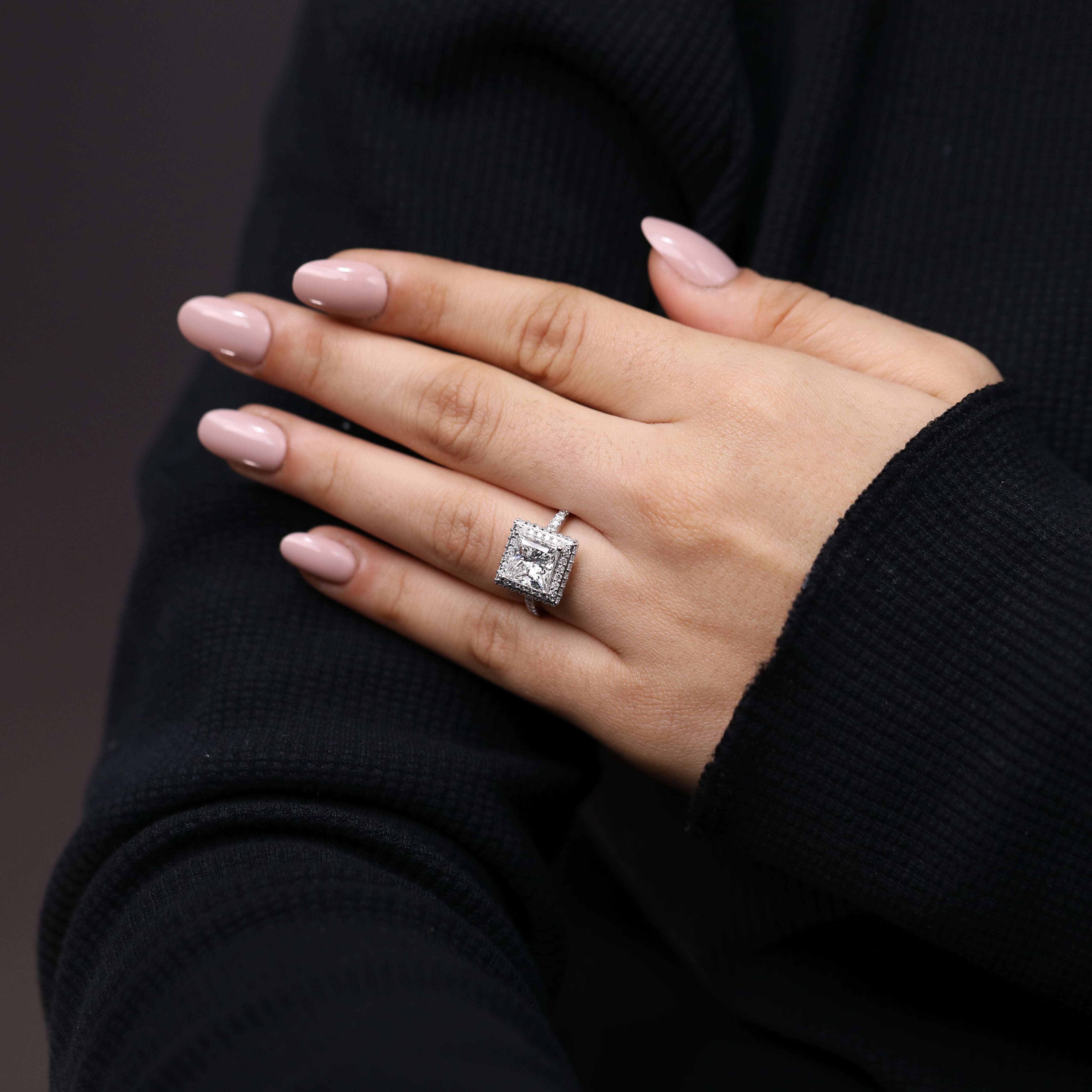Lab diamond engagement ring with princess cut center and halo design