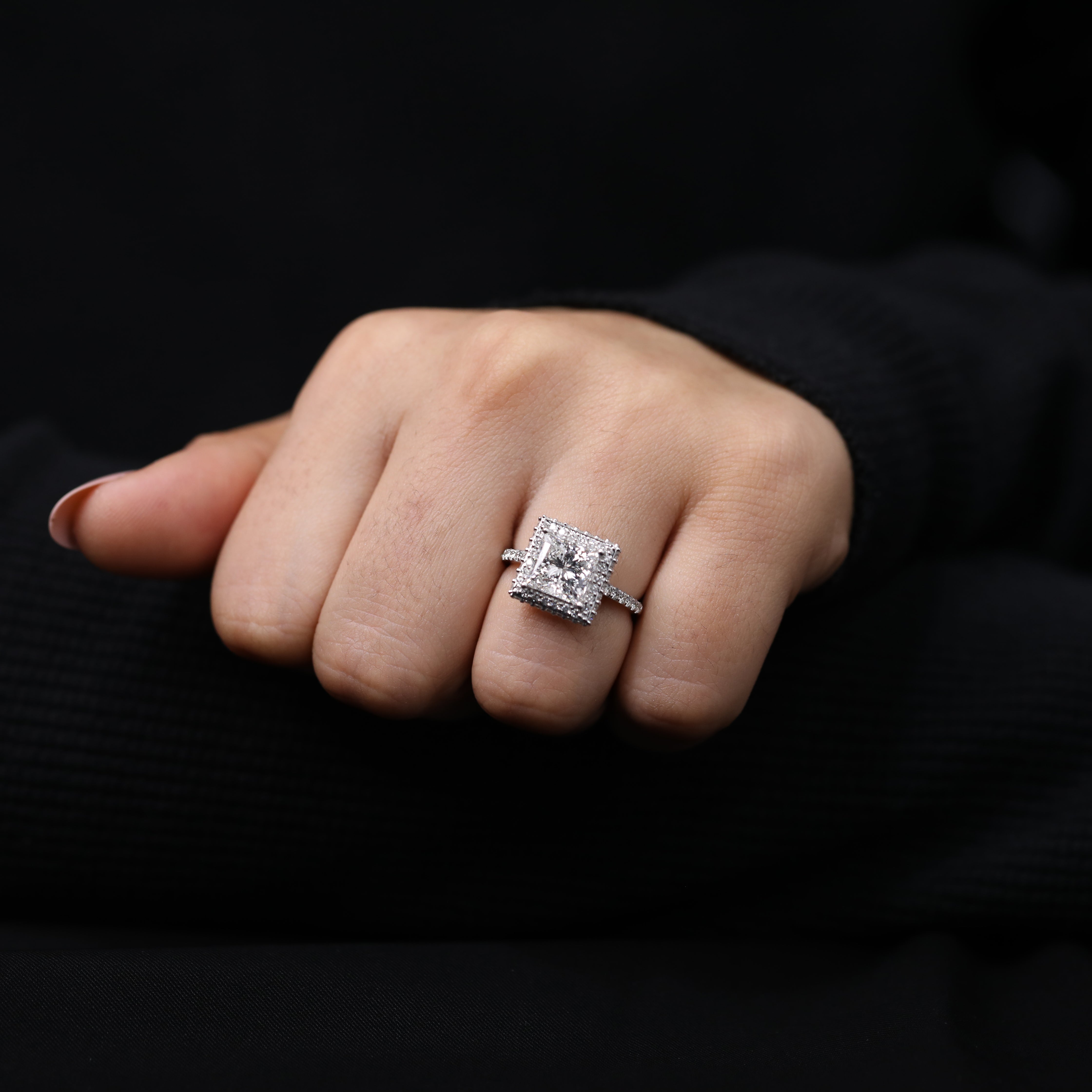 Square halo princess cut lab diamond ring with pave diamond band