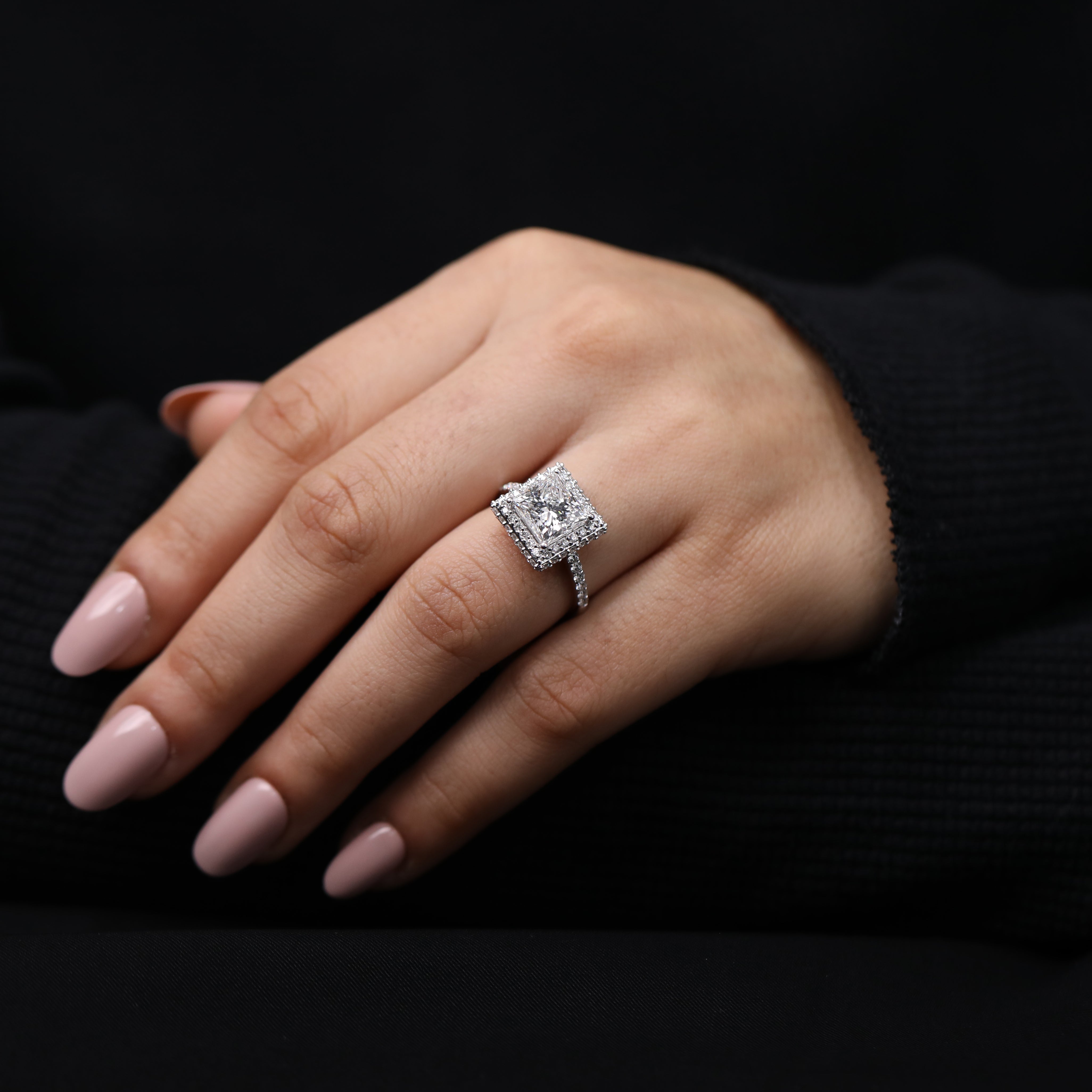 Elegant princess cut lab diamond engagement ring with classic halo style