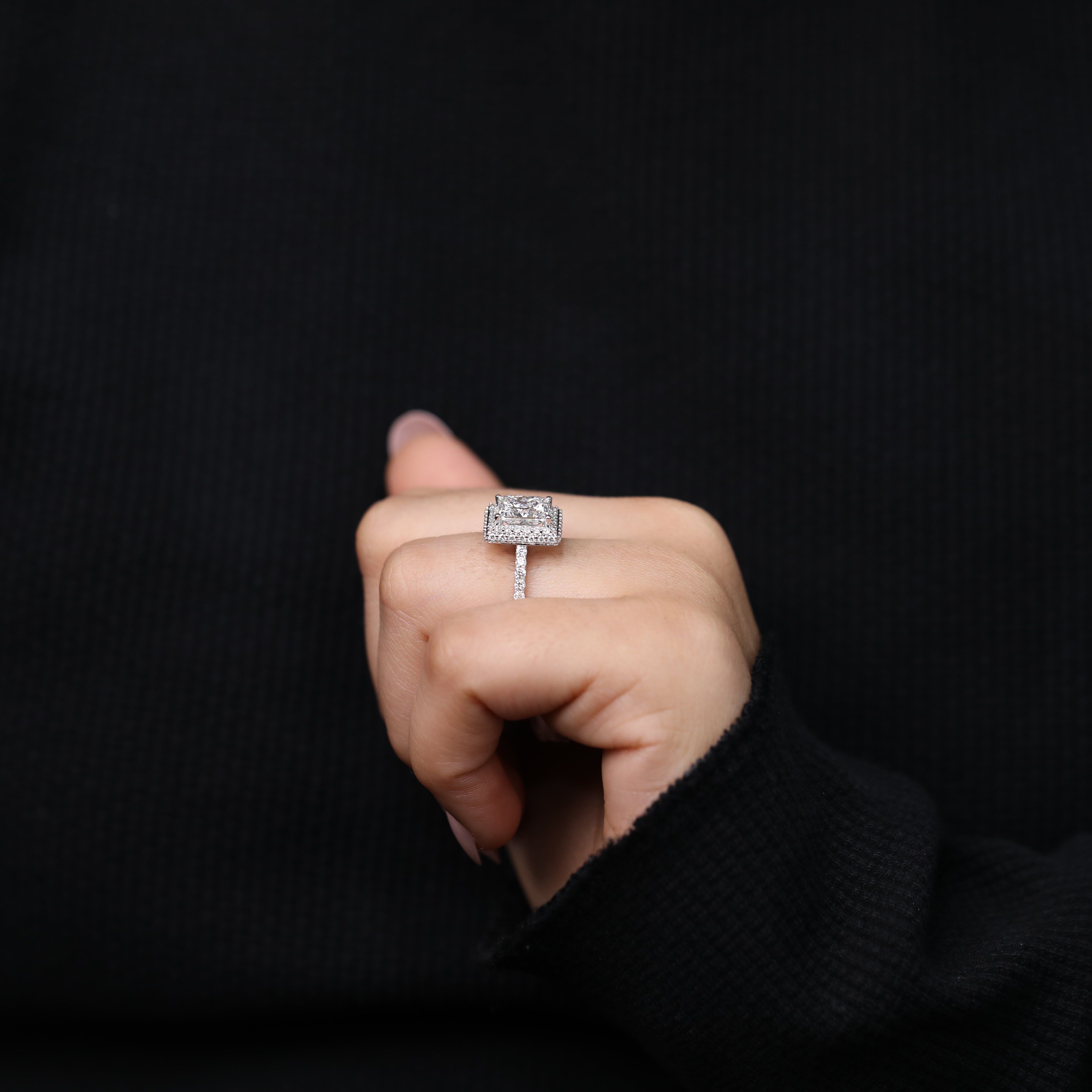 Princess cut lab diamond ring designed with a square halo frame