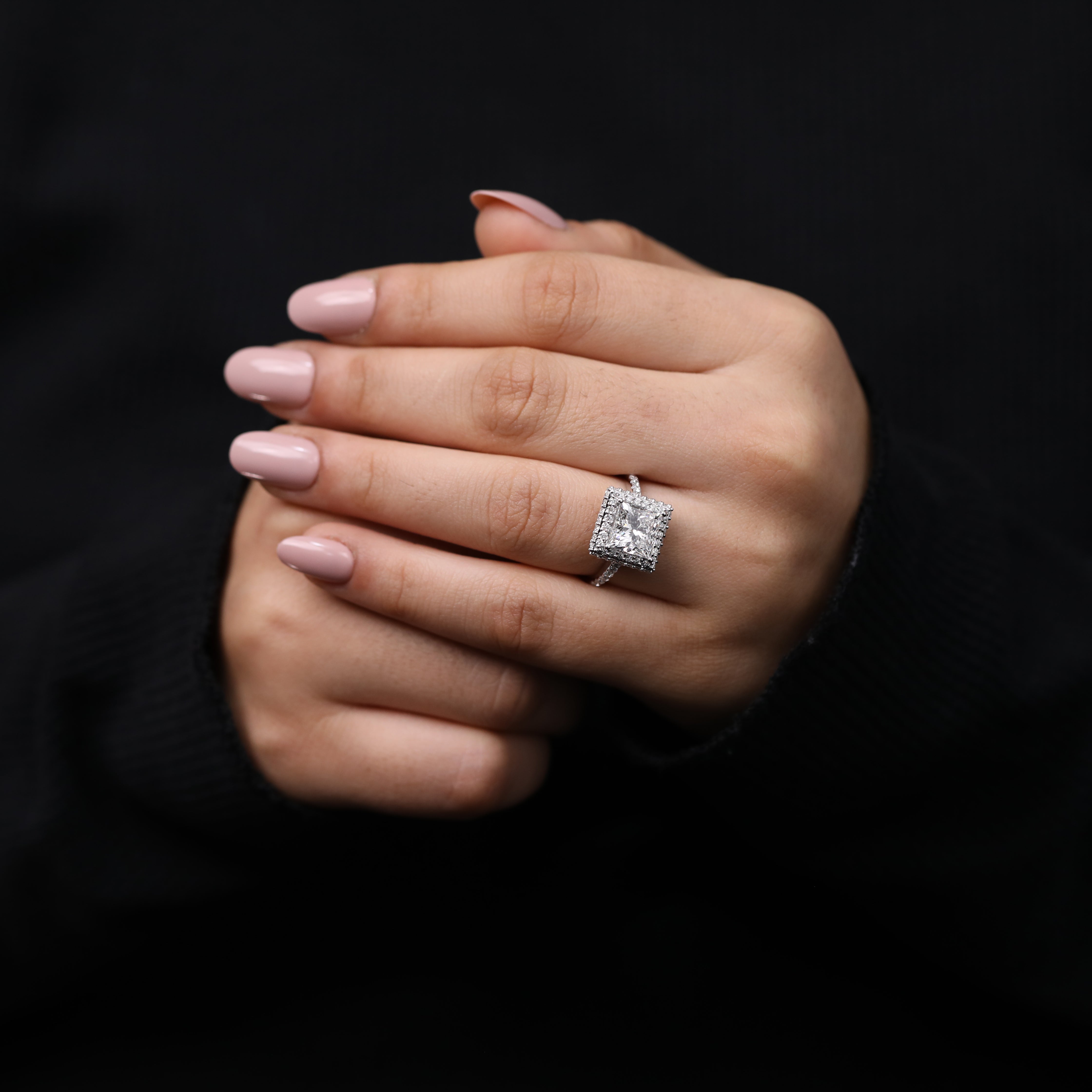 Luxury halo engagement ring featuring a princess cut lab grown diamond