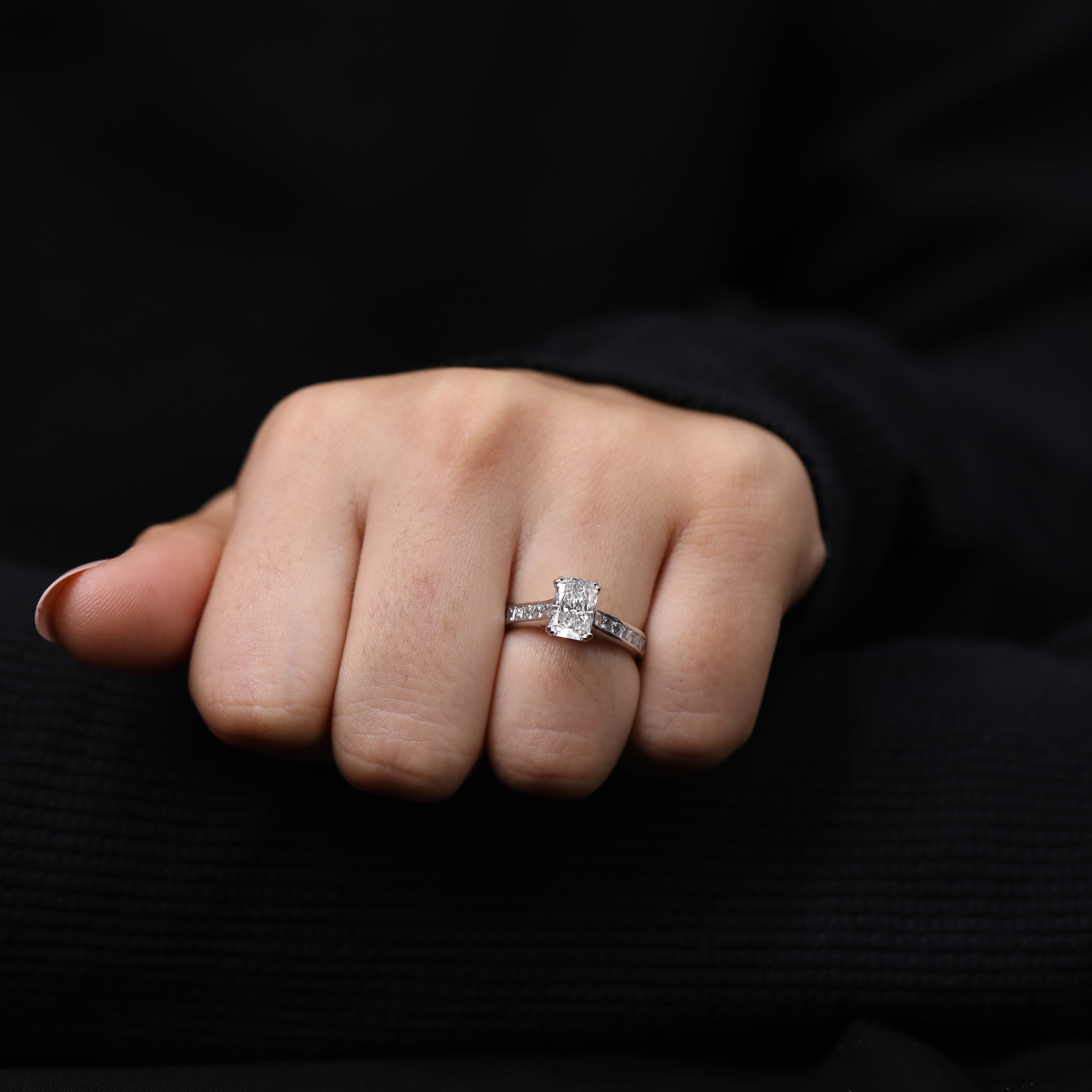 Radiant cut lab diamond ring designed with a traditional vintage look.