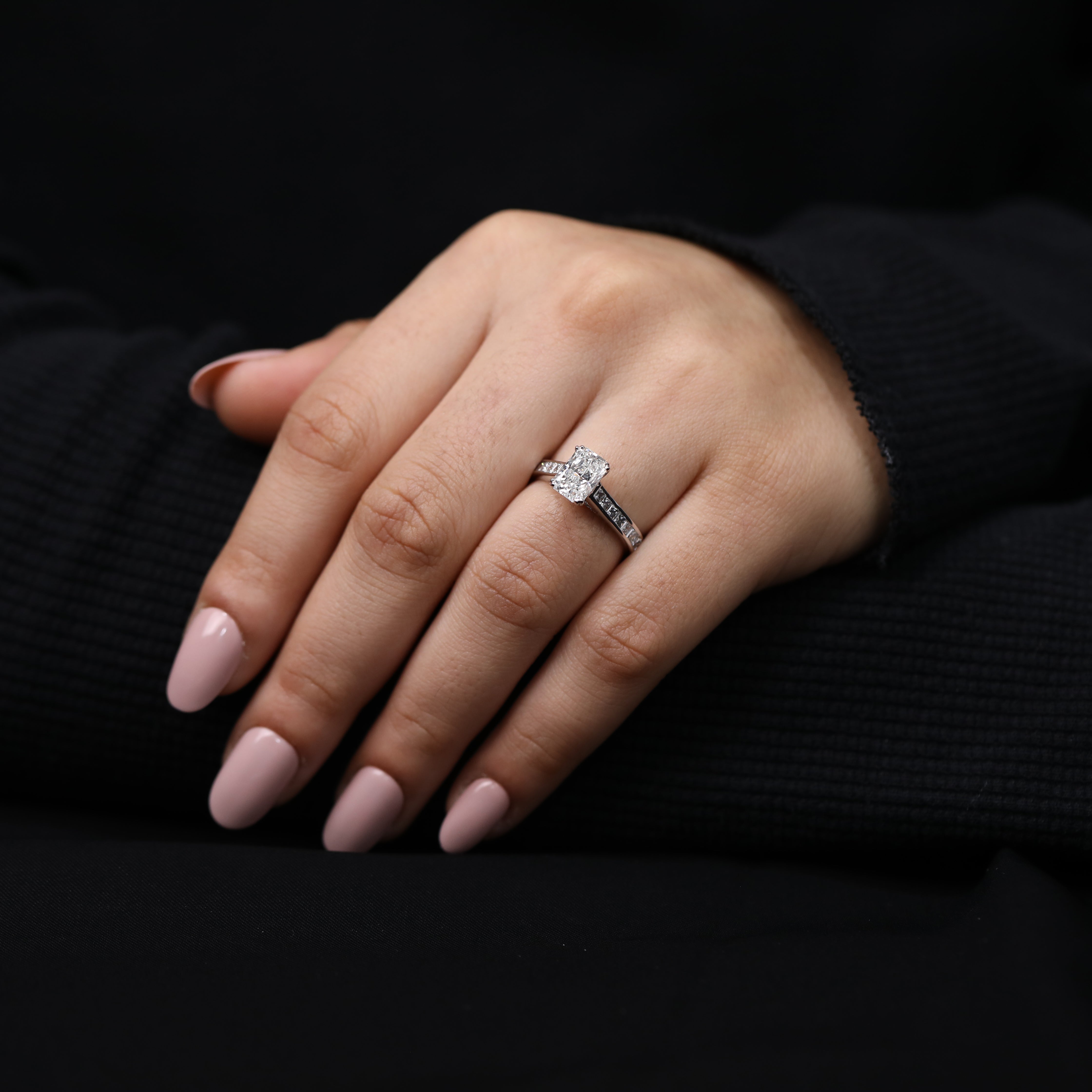 Vintage aesthetic engagement ring with radiant cut lab grown diamond.
