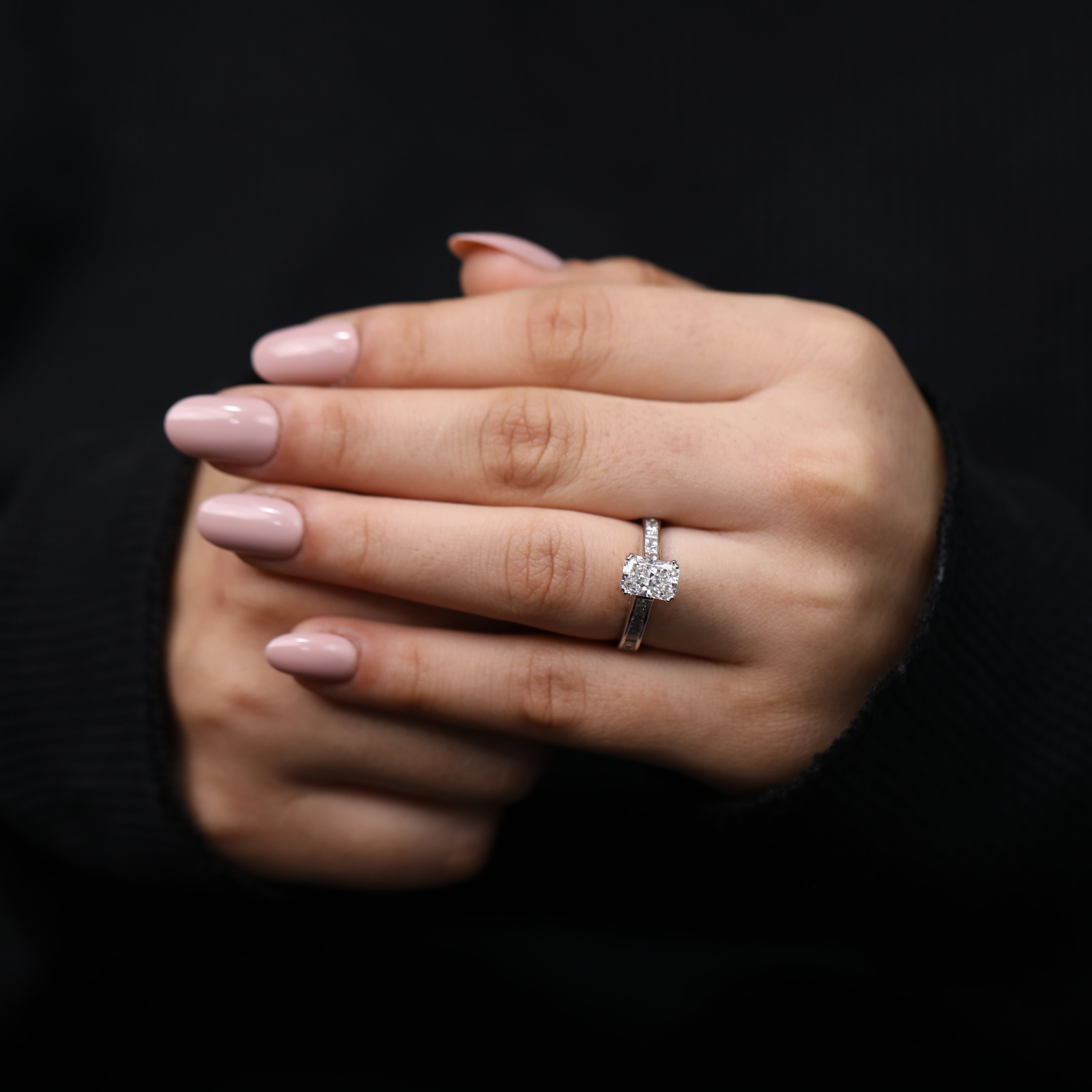 Radiant cut lab diamond ring with elegant vintage style craftsmanship.