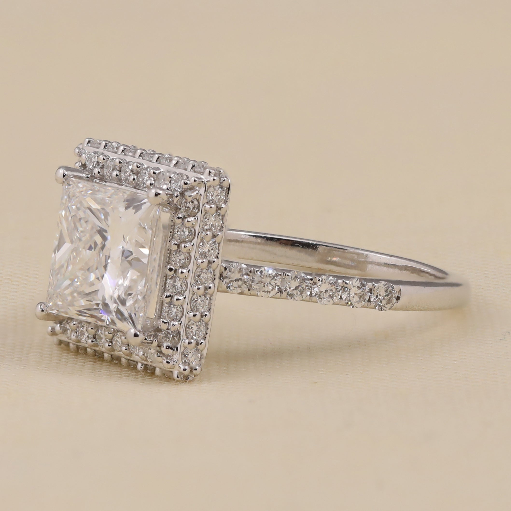 Princess cut lab diamond ring with micro pave halo and band accents