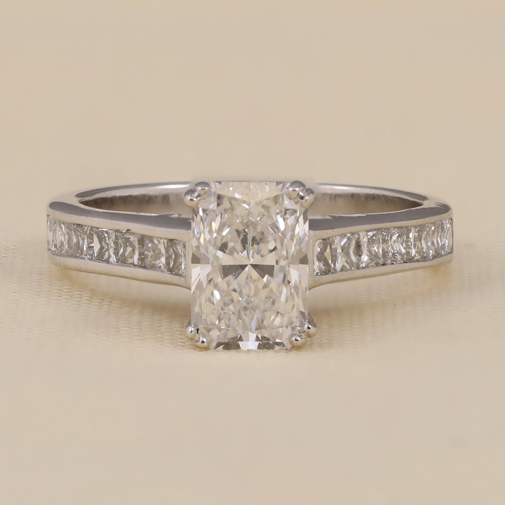 Radiant cut lab diamond engagement ring with vintage inspired detailing.