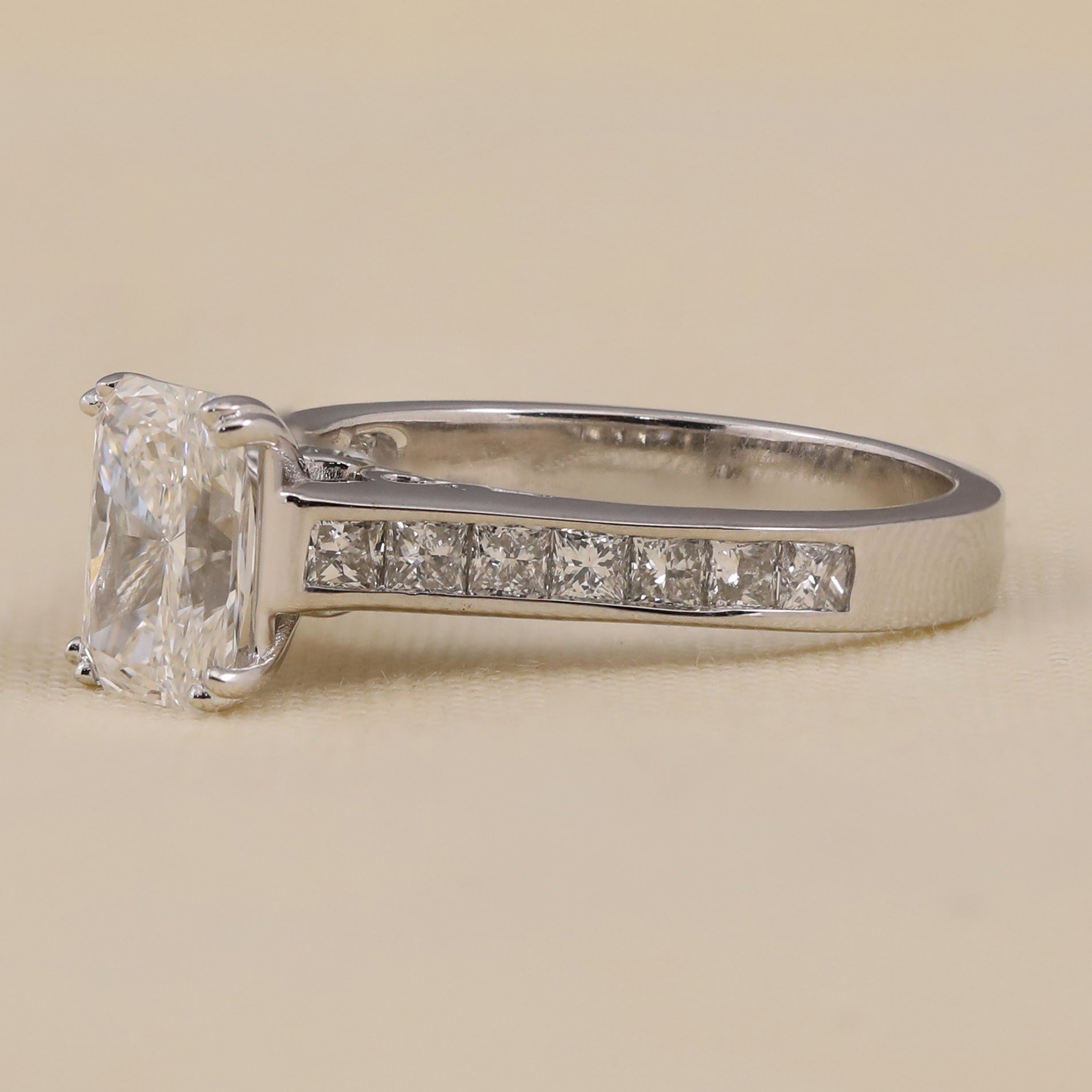 Radiant cut lab diamond ring with classic vintage design accents.