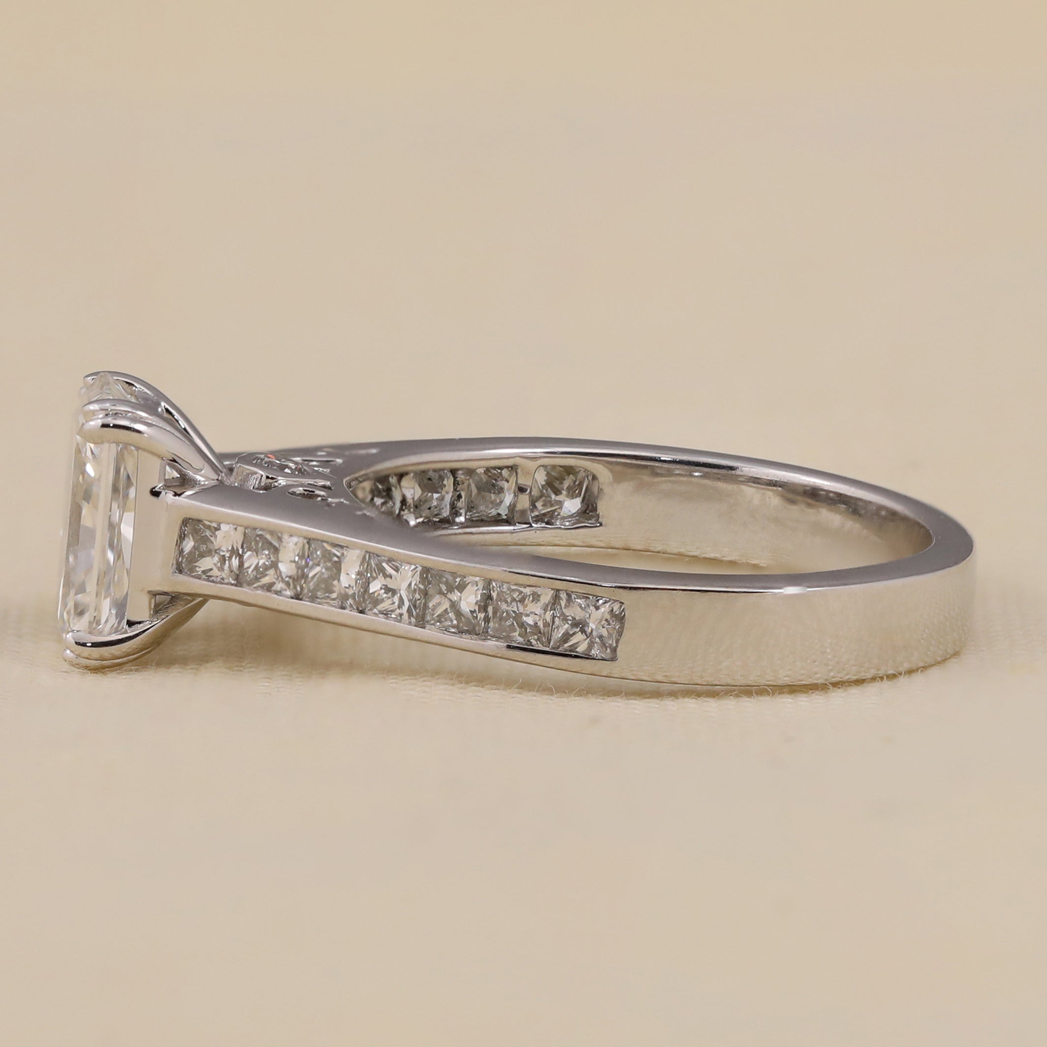 Elegant vintage style ring showcasing a radiant cut lab diamond center.