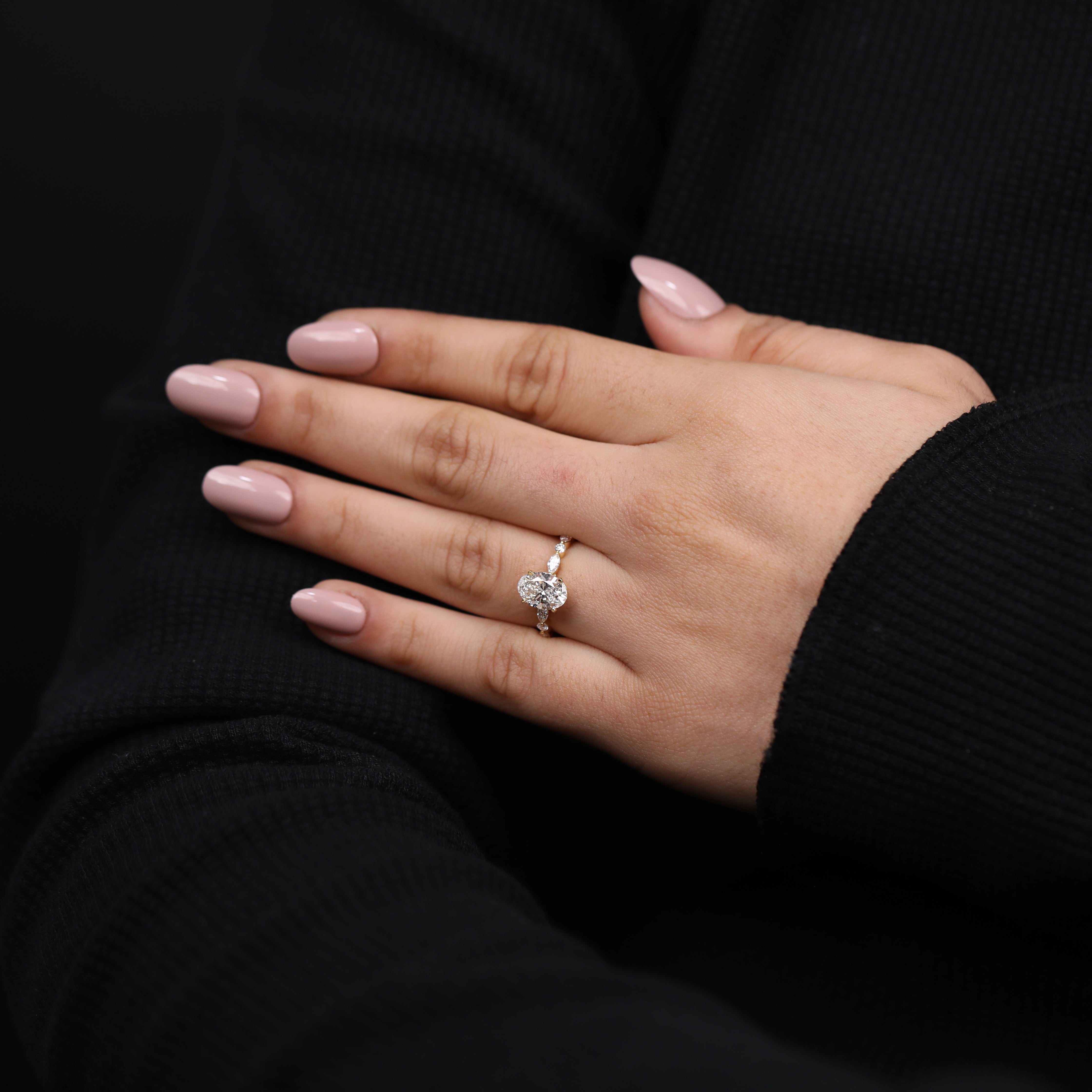 Lab grown oval diamond ring with vintage style accent band