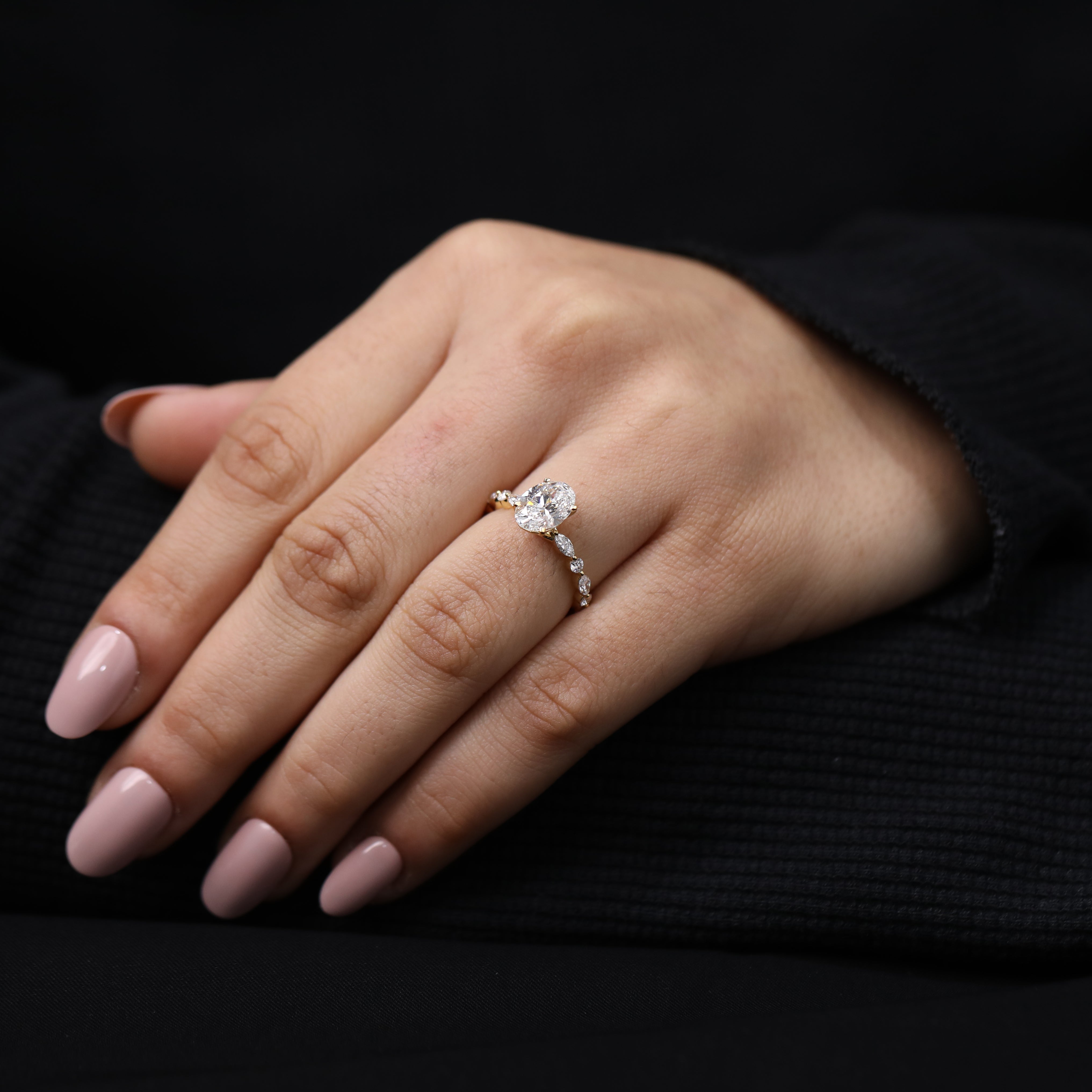 Lab grown oval cut diamond ring with vintage design elements