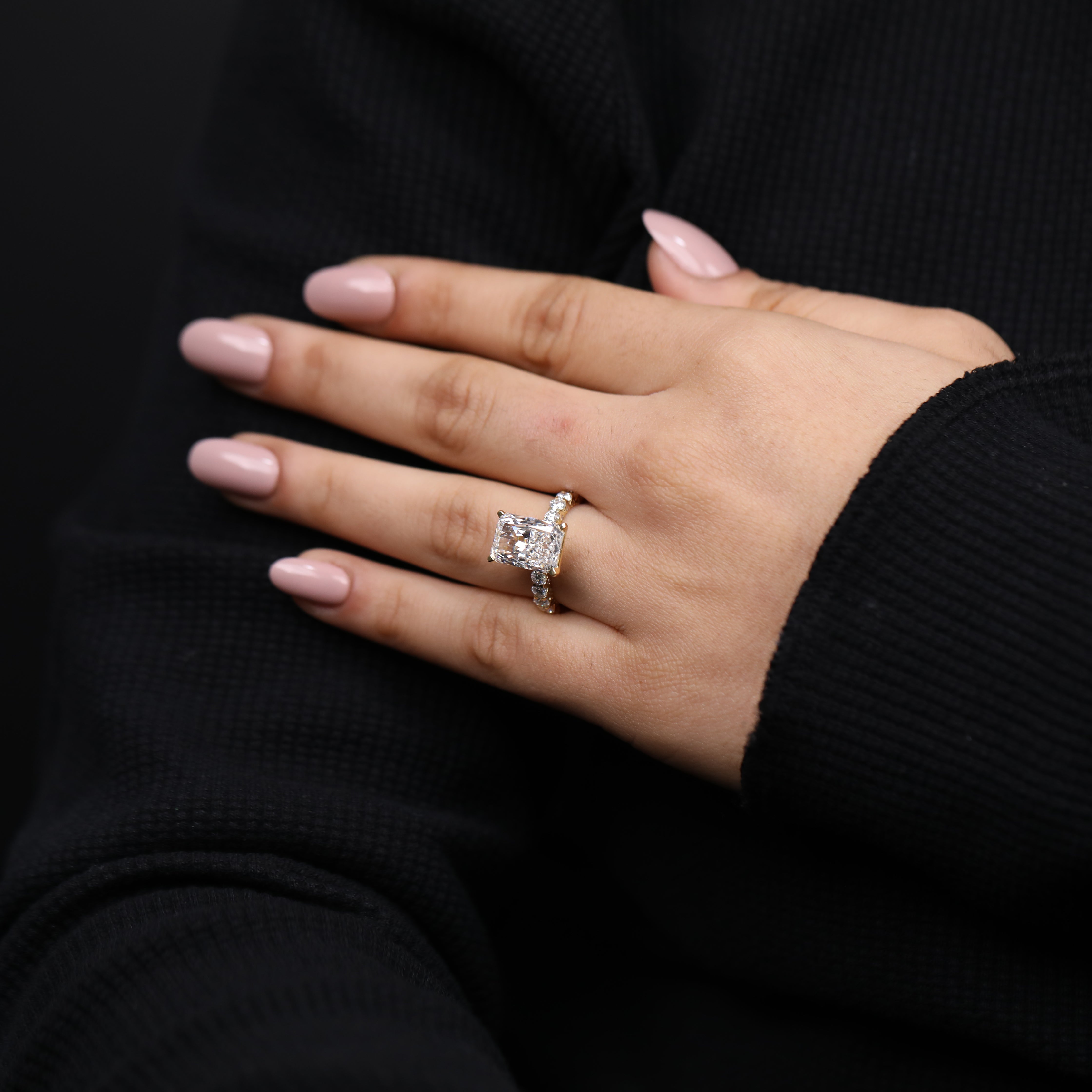 Radiant cut lab diamond engagement ring in a vintage inspired setting