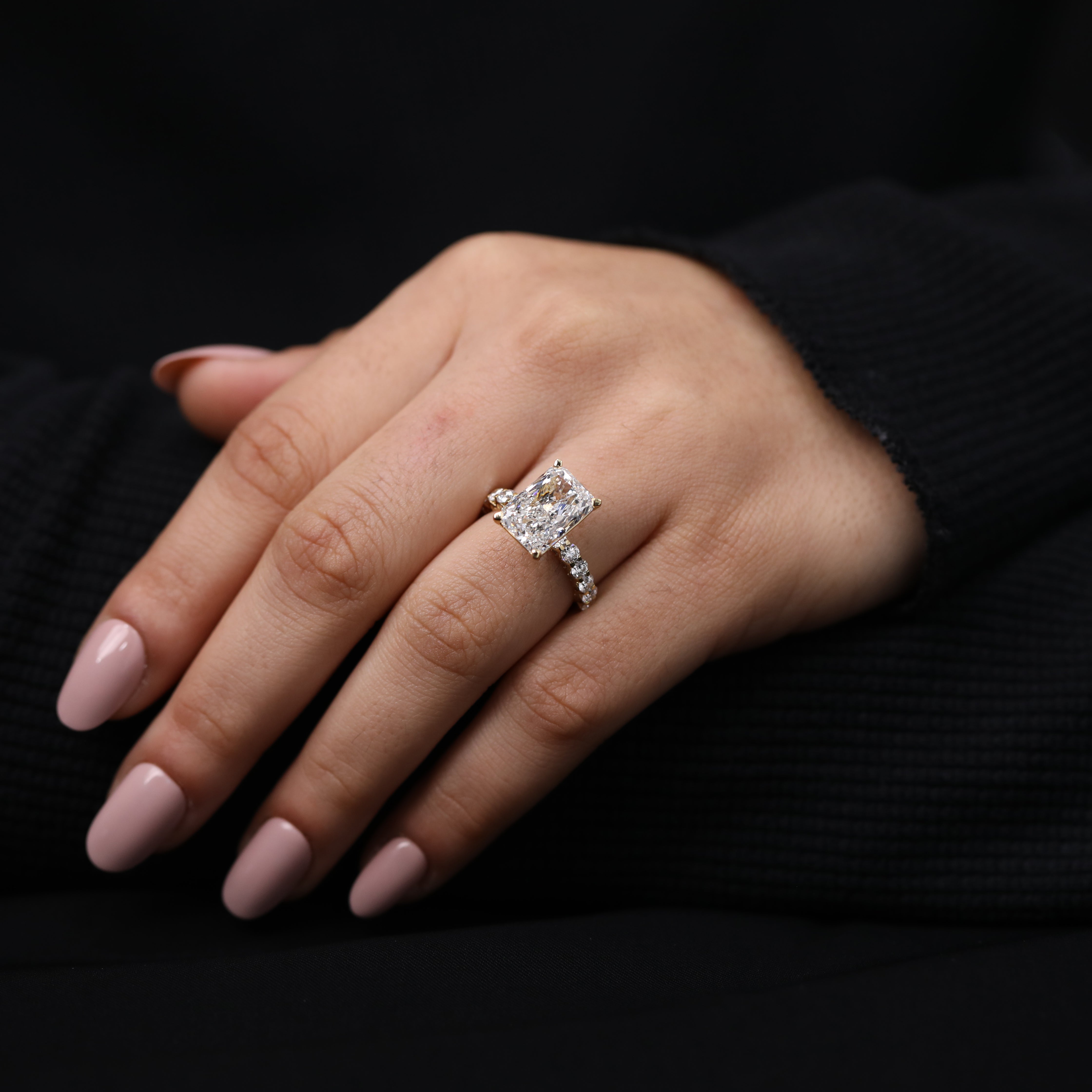 Radiant cut lab diamond ring featuring vintage style craftsmanship