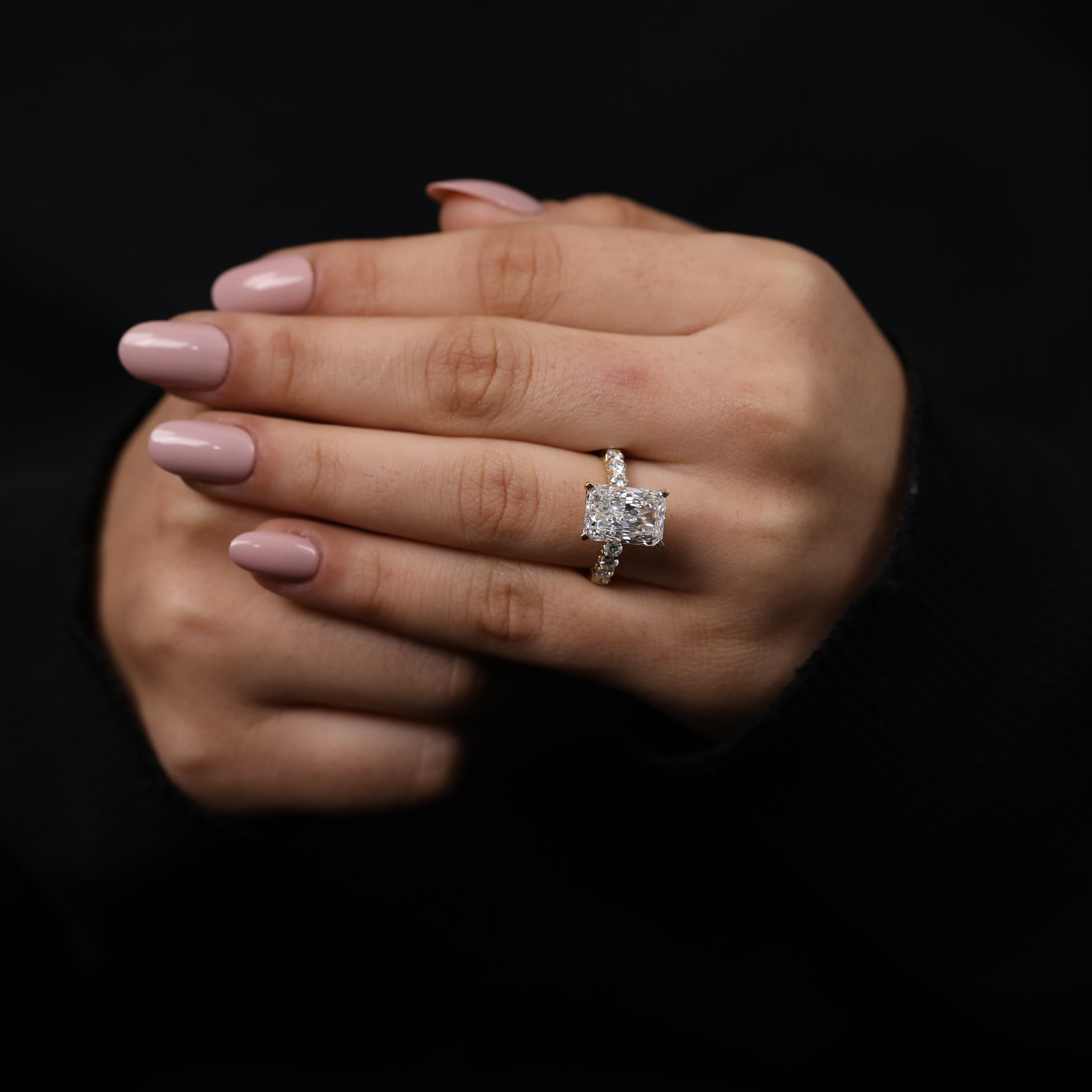 Lab created radiant cut diamond engagement ring with vintage band design