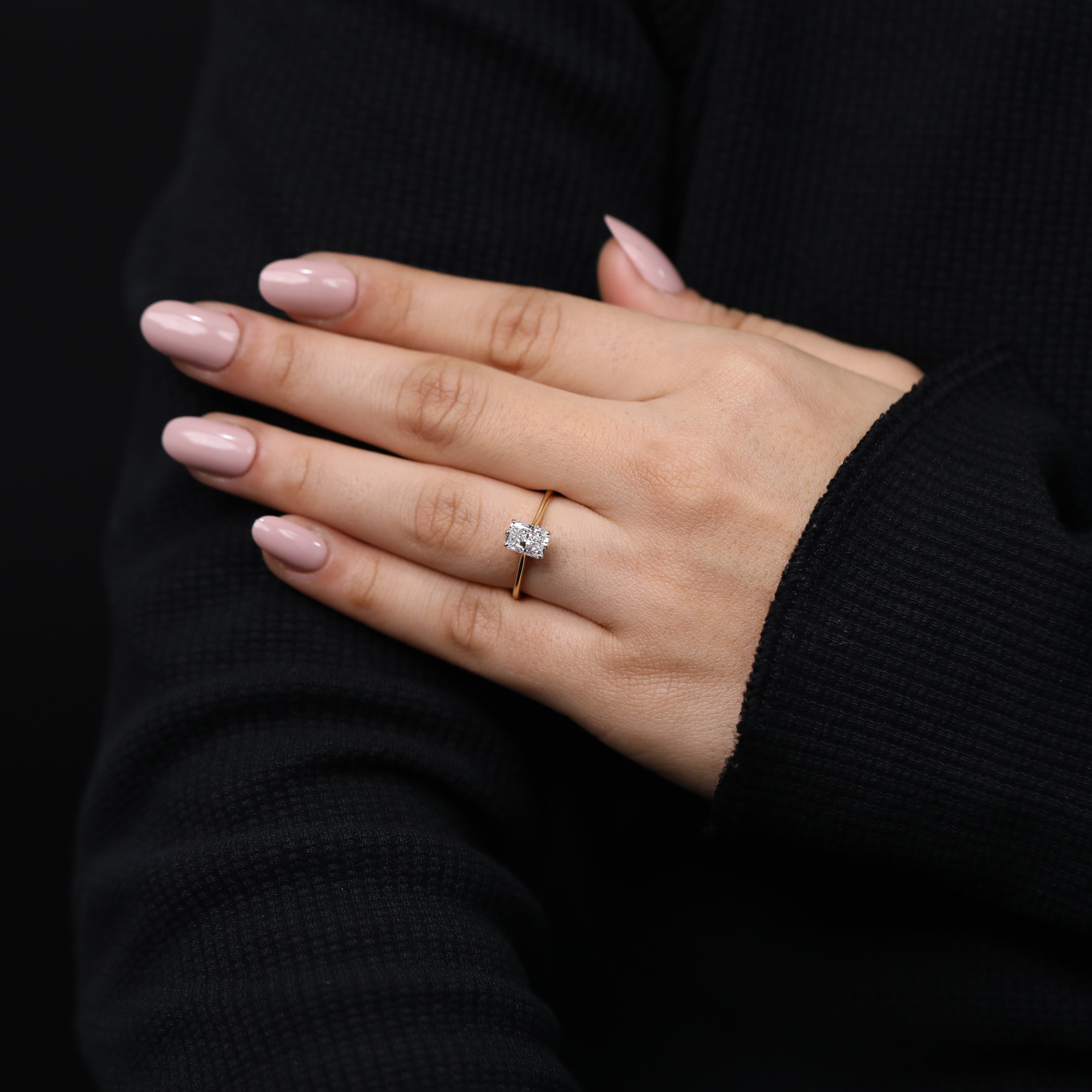 Minimalist solitaire ring with lab created radiant diamond