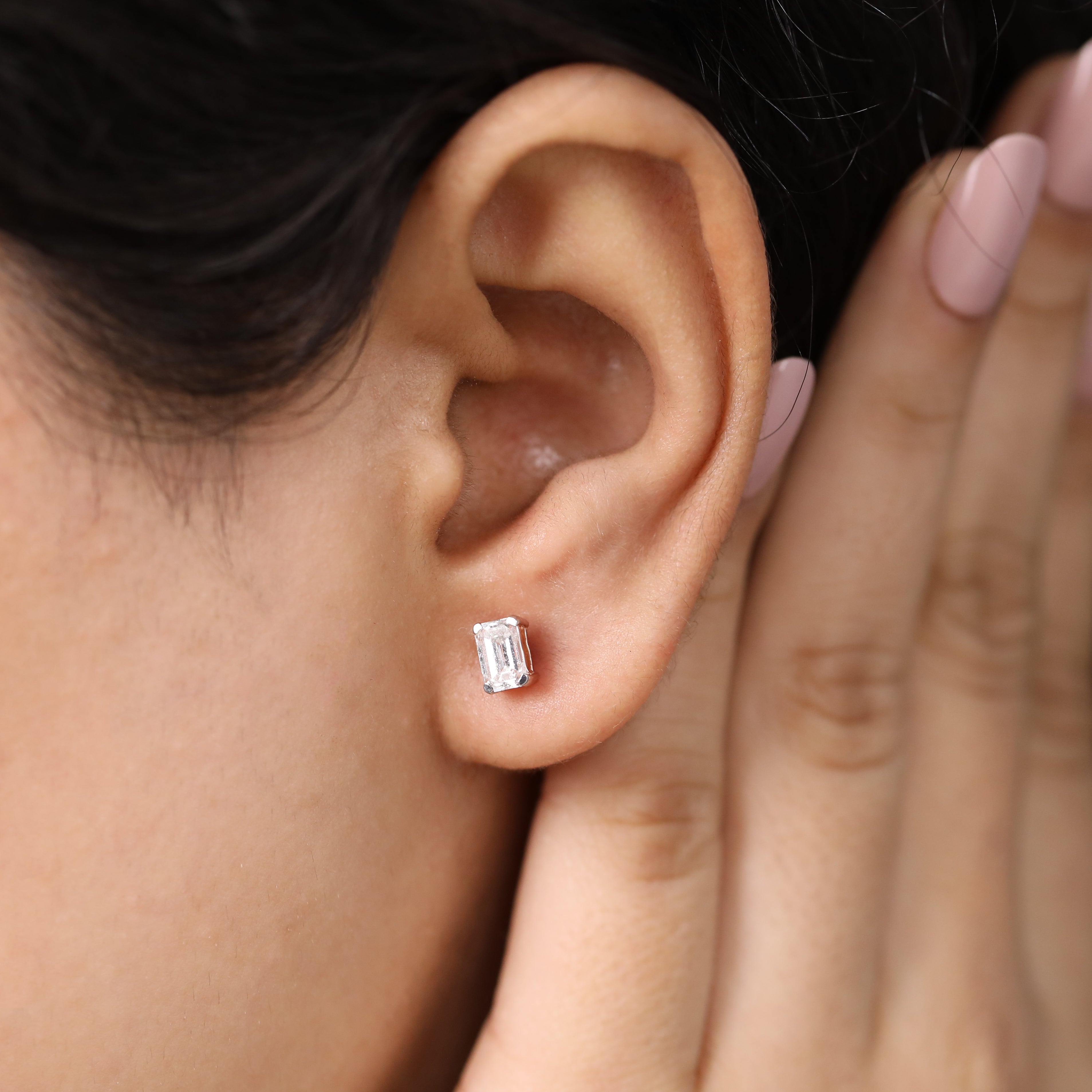 Sophisticated emerald cut lab grown diamond earrings suited for office wear and celebrations