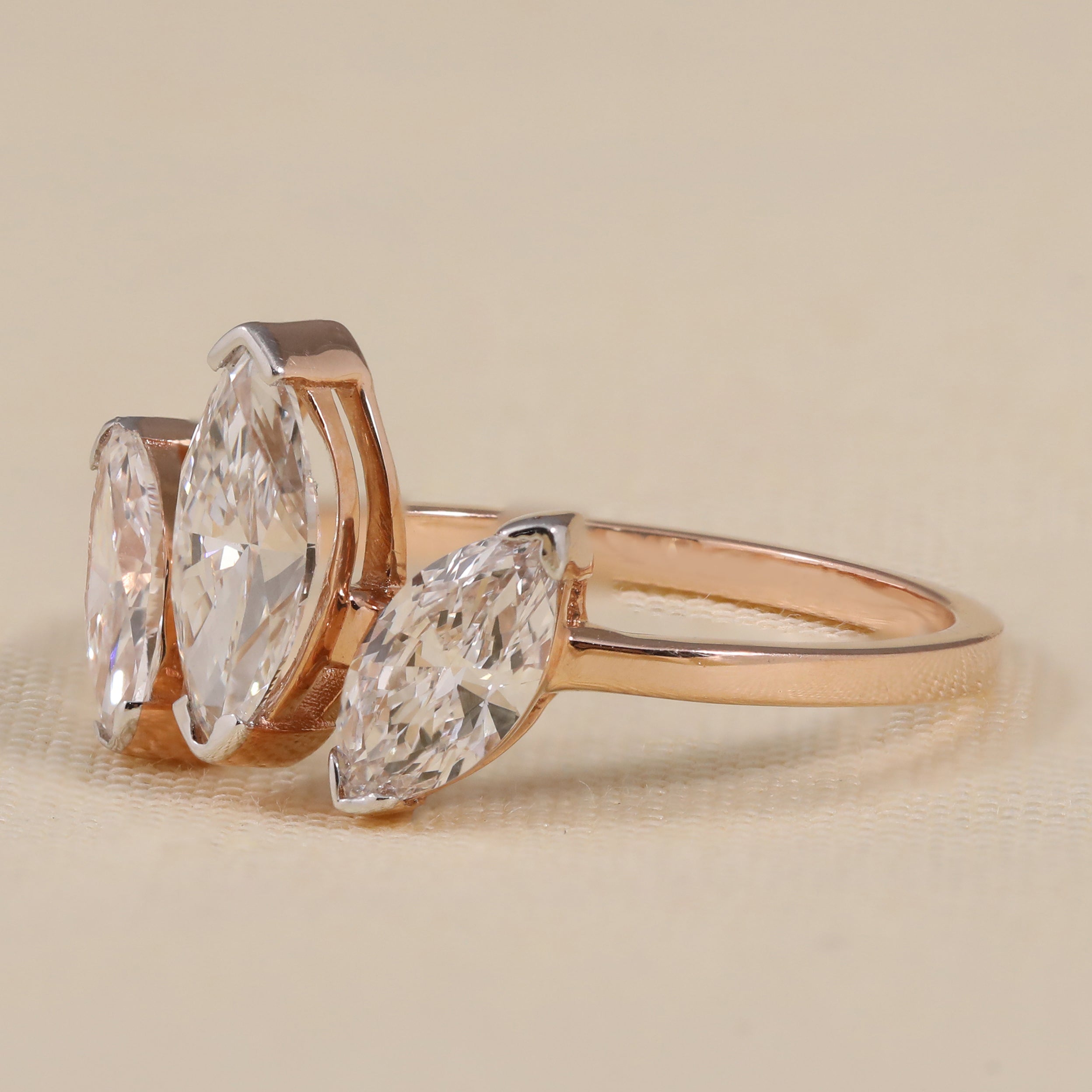 Marquise lab grown diamond trilogy engagement ring