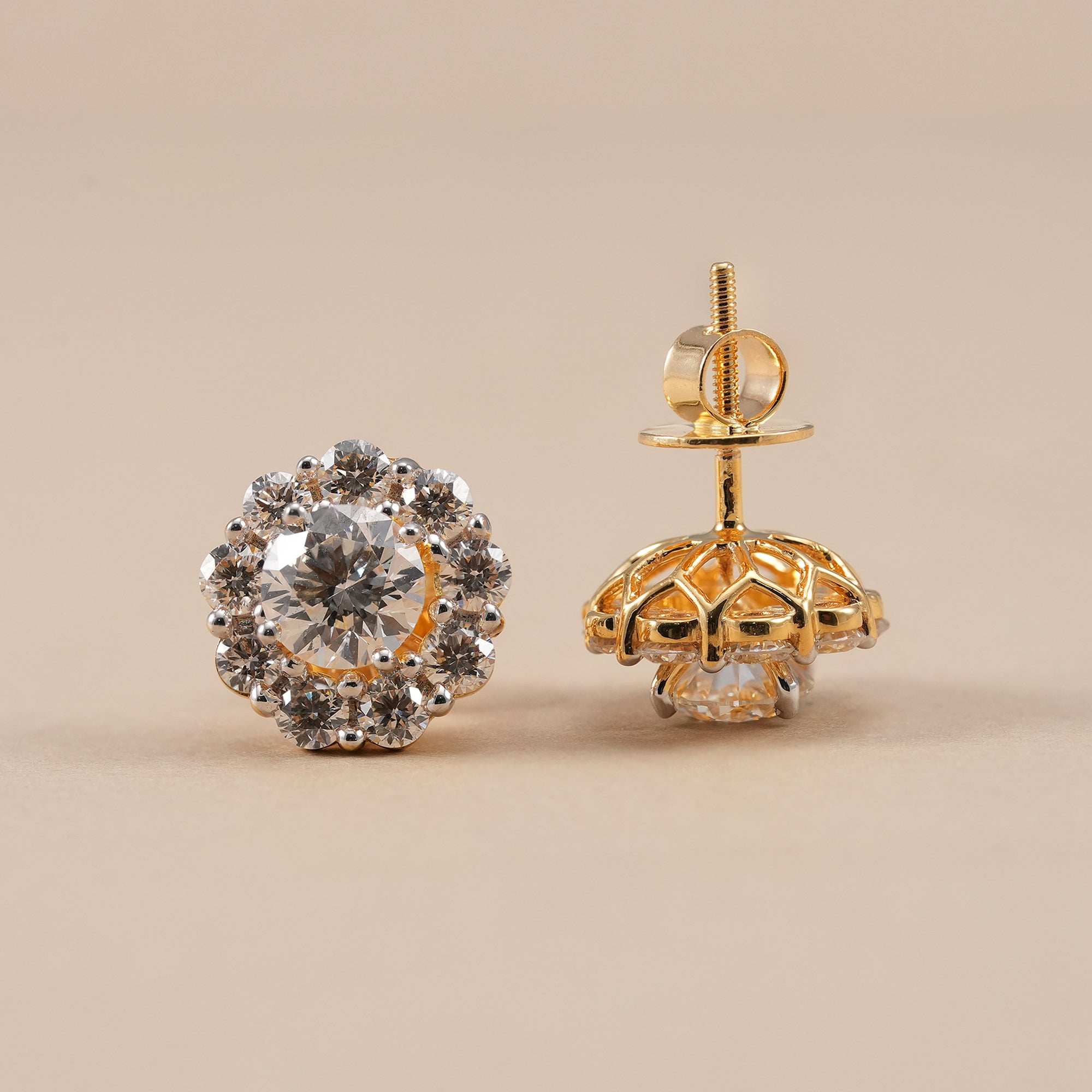 Wedding halo diamond stud earrings in polished solid gold