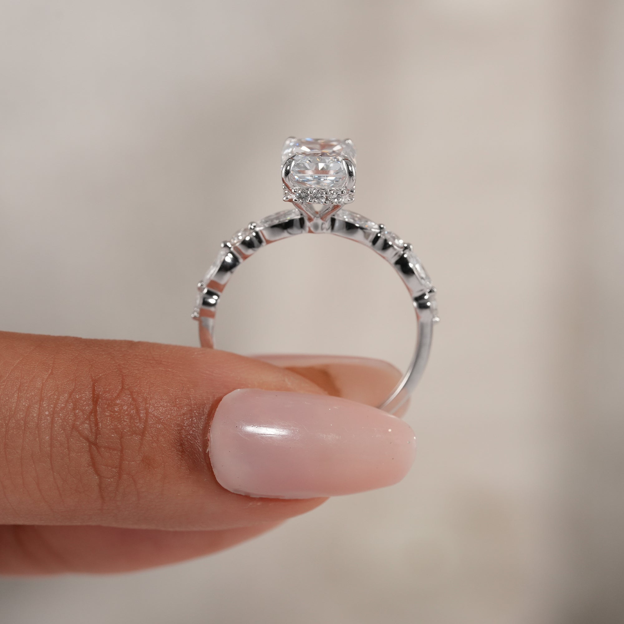 Fine jewelry radiant lab diamond bridal ring.