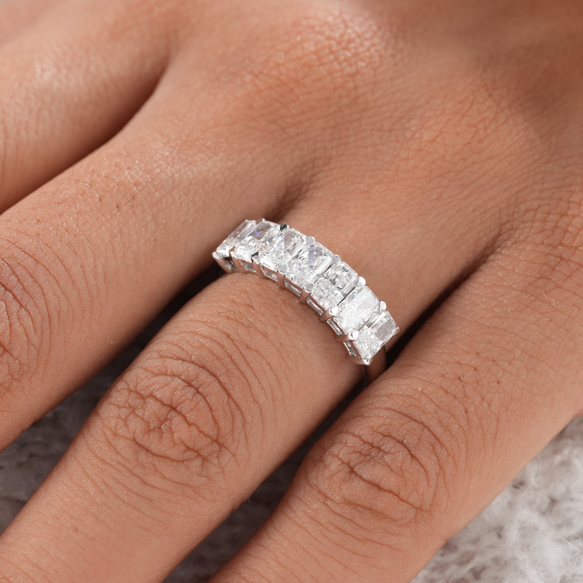 Sustainable radiant lab diamond wedding ring with brilliant sparkle.