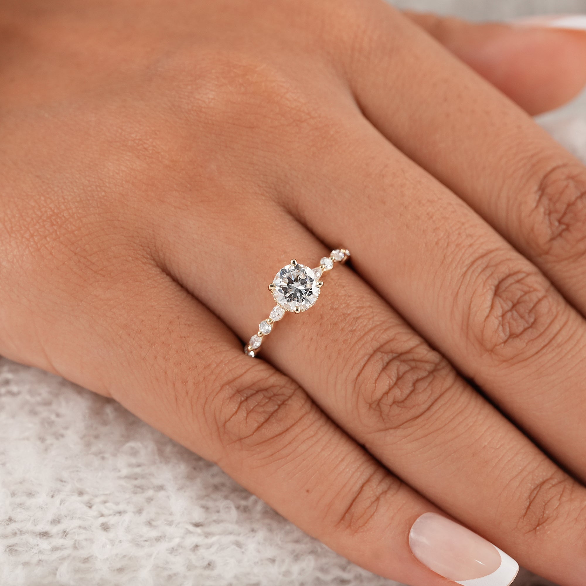 Hidden halo round lab diamond engagement ring close-up