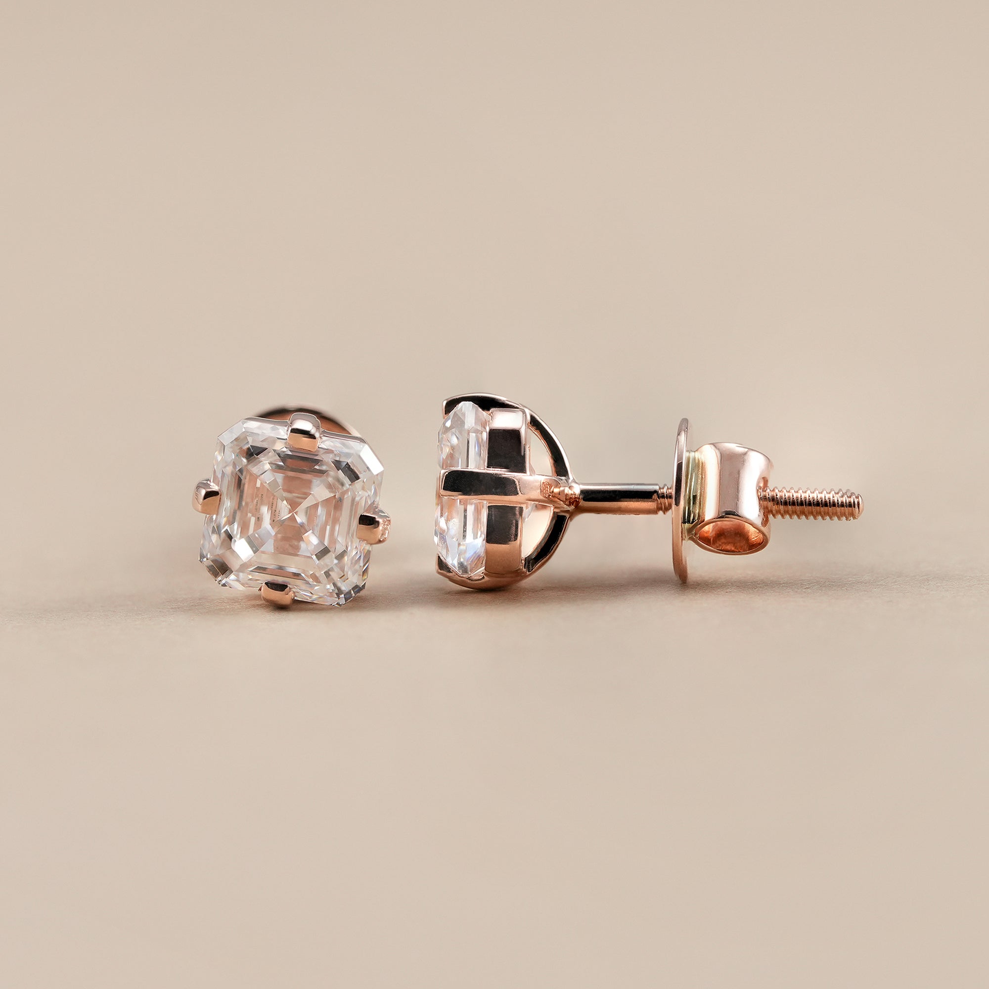Elegant Asscher cut lab grown diamond stud earrings crafted in solid rose gold for everyday luxury.