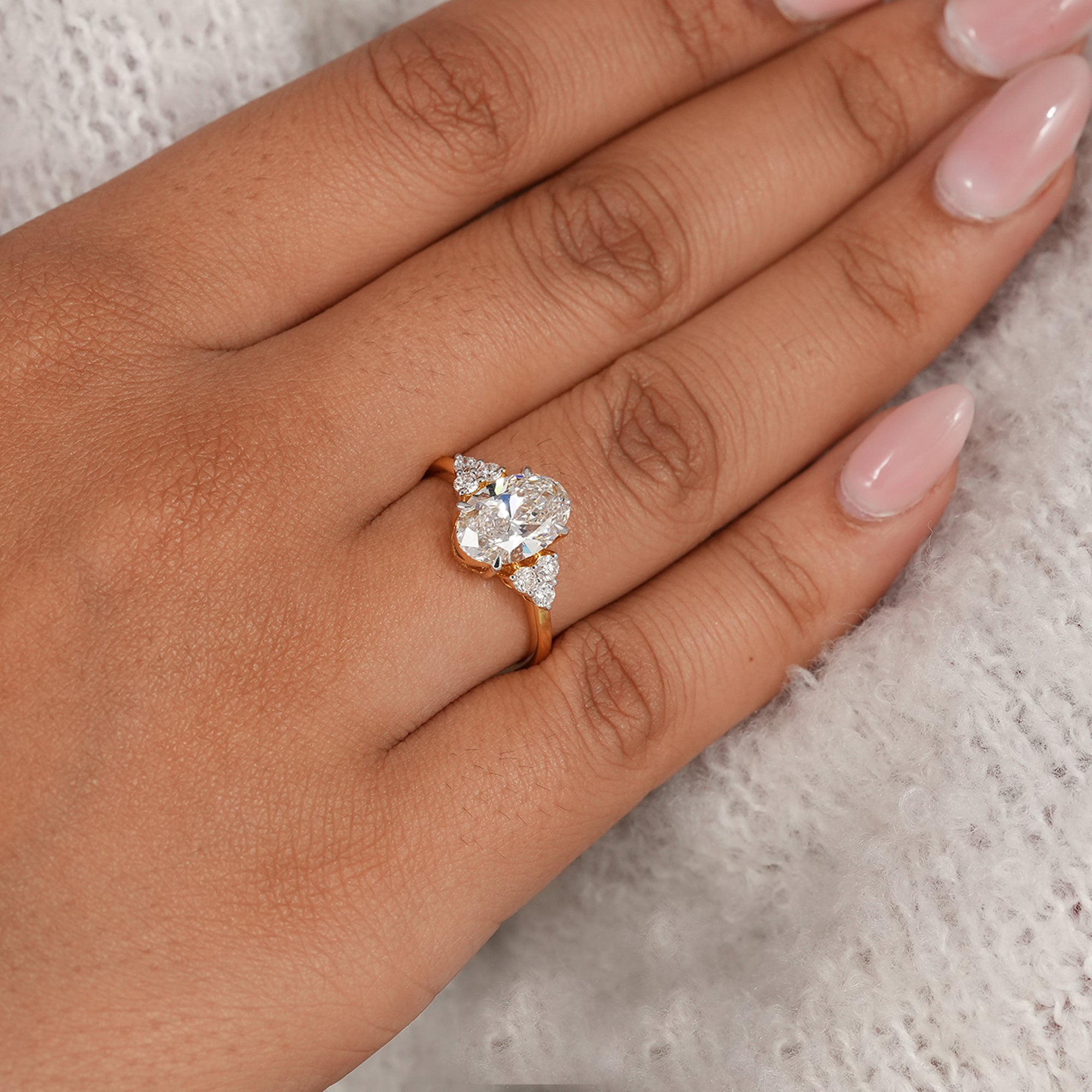 Oval solitaire lab diamond floral engagement ring for women