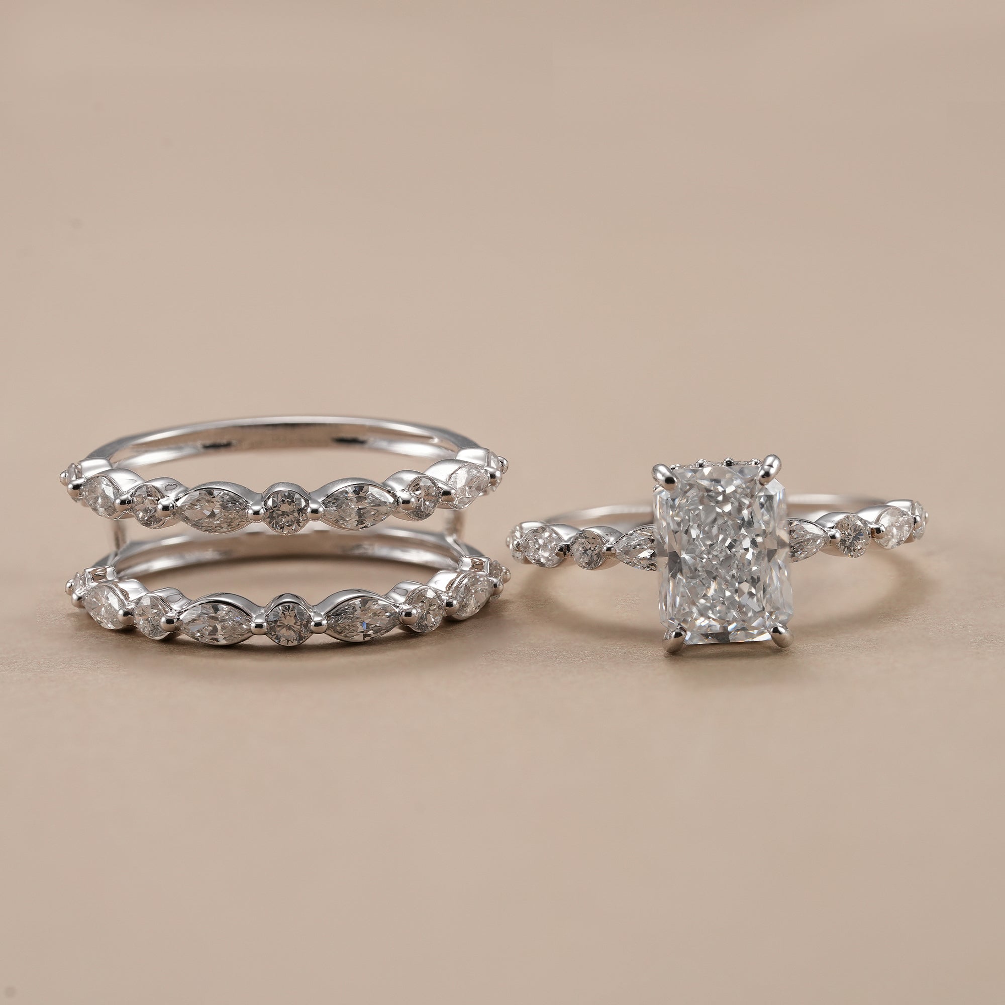 IGI certified radiant cut lab diamond bridal ring set.