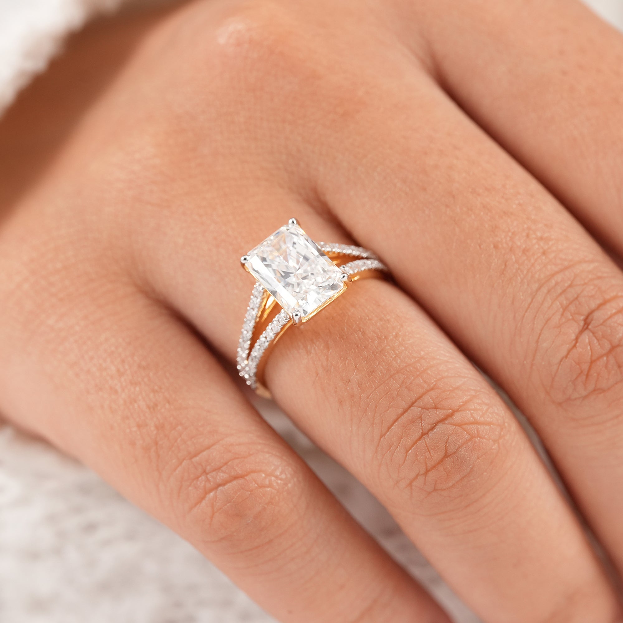 Handmade radiant engagement ring with double band setting