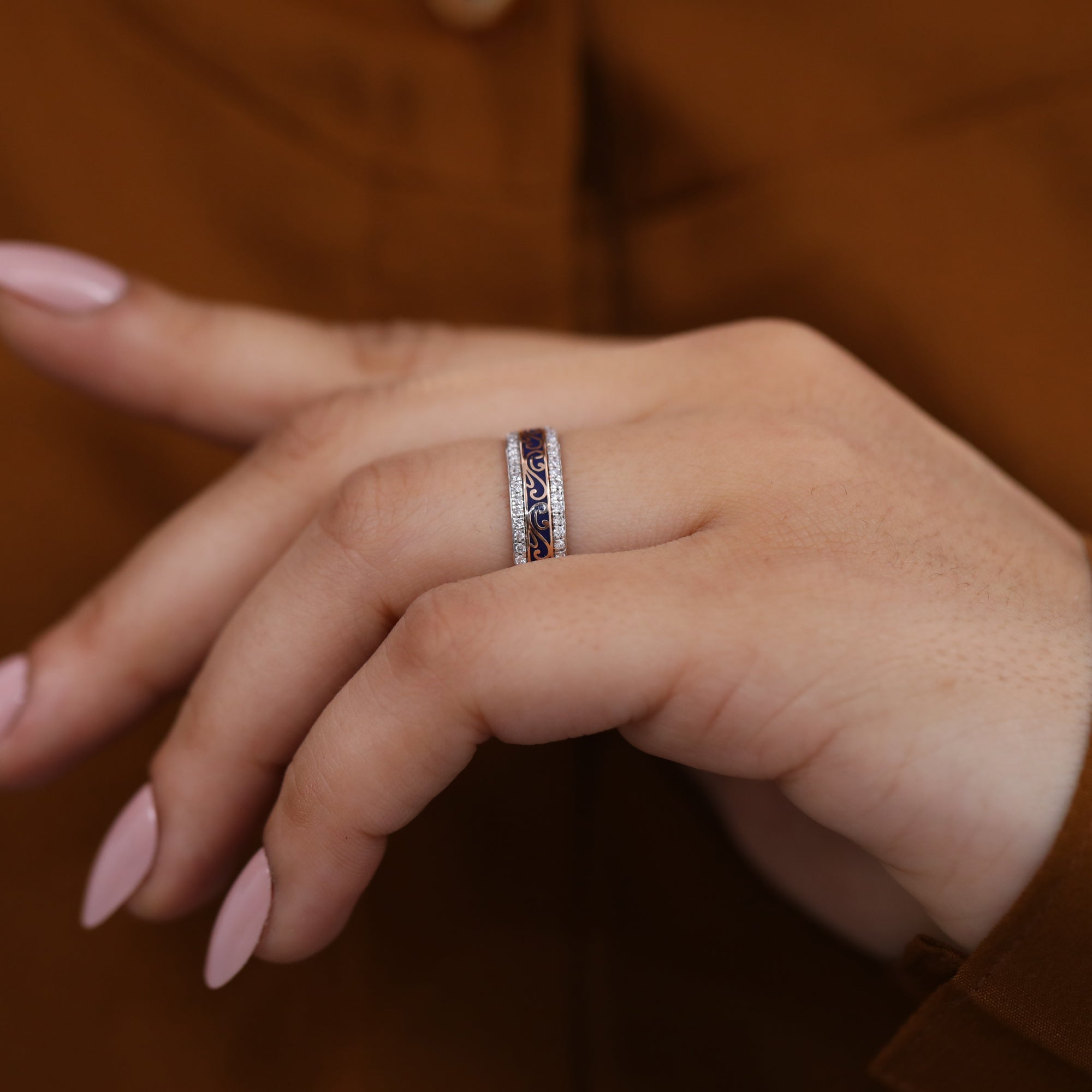 Elegant wide band ring with lab grown diamond accents and artistic enamel