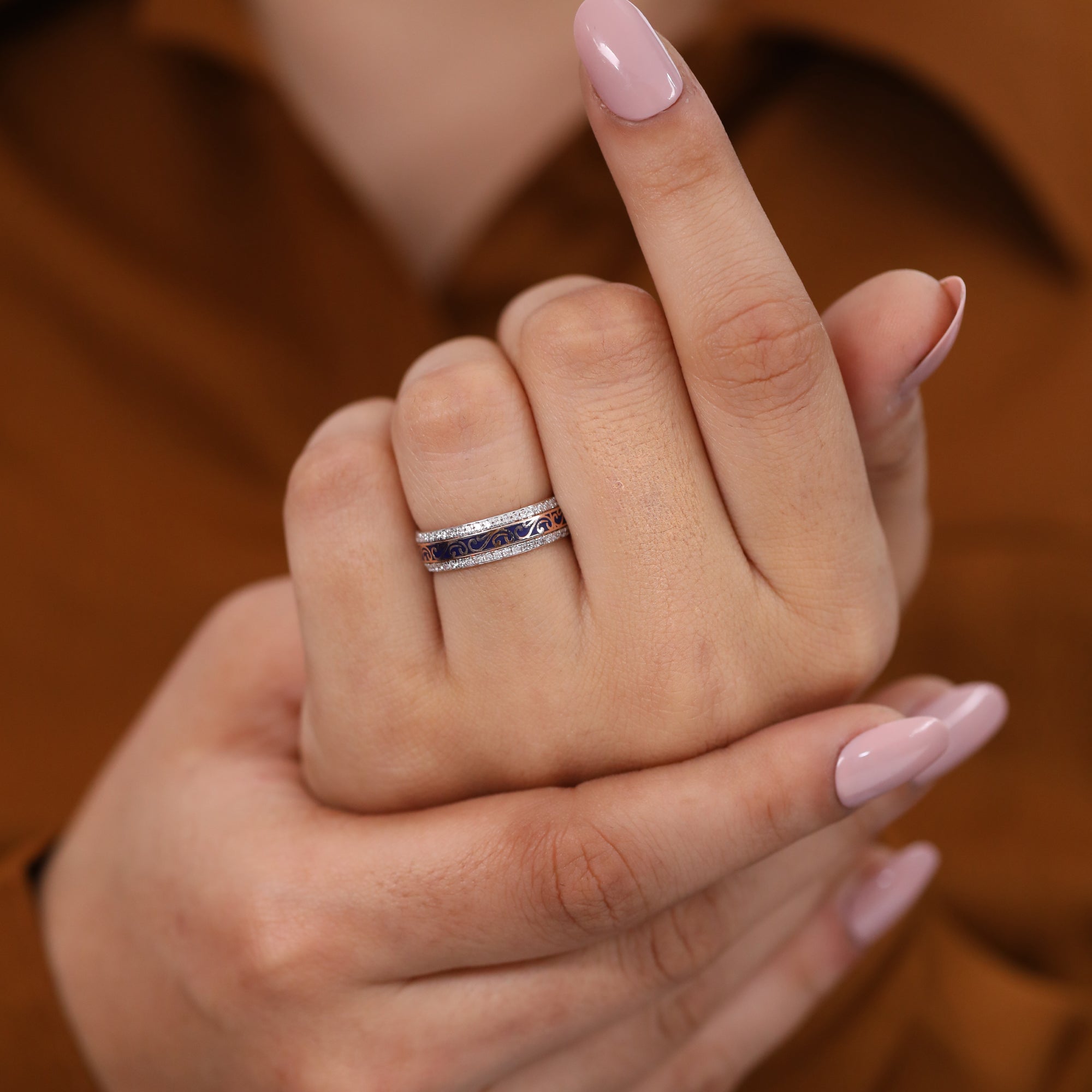 Decorative ring with lab grown diamond rows and vintage style enamel