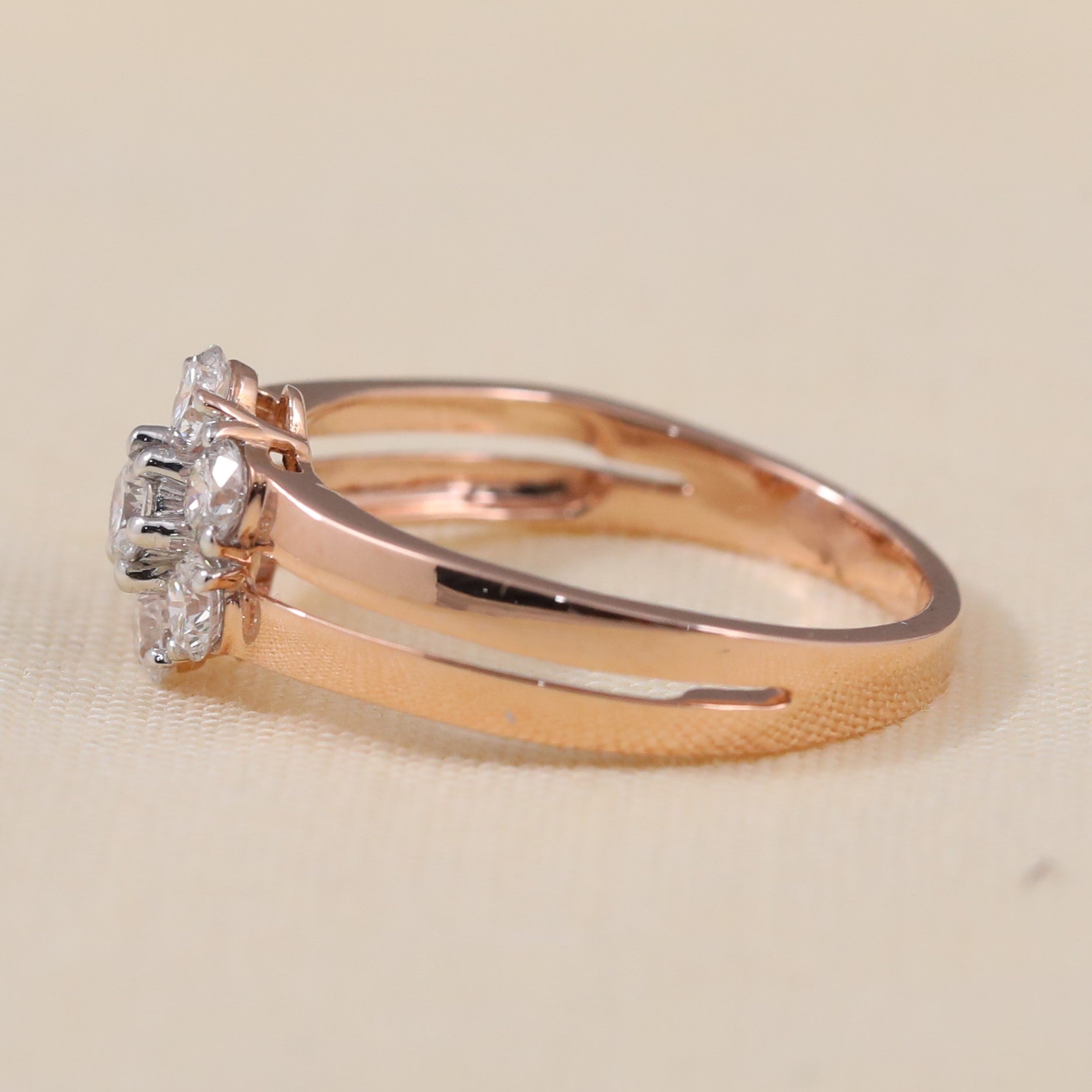 Rose gold lab-grown diamond cluster ring designed with a sleek double shank