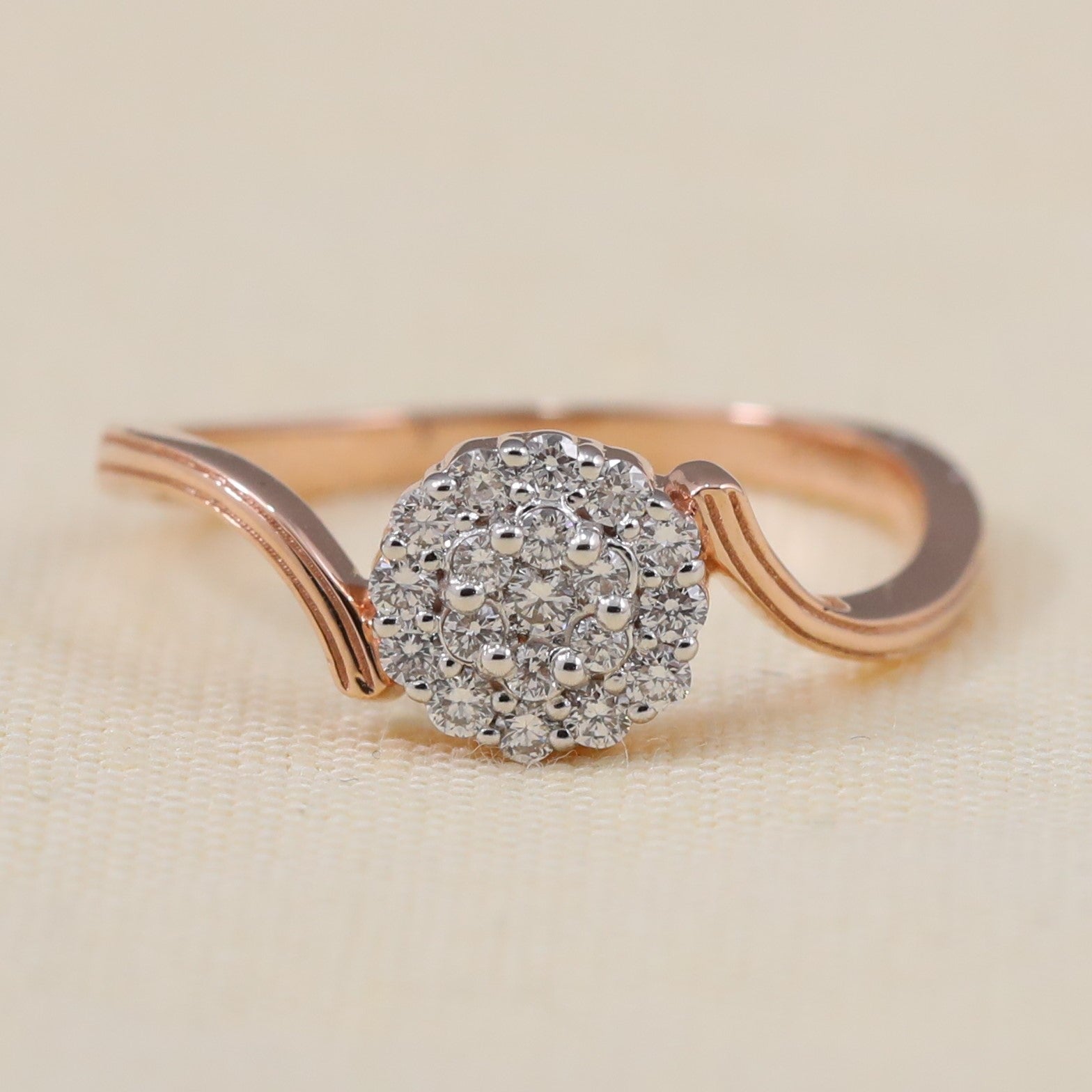 Cluster lab grown diamond ring with swirl band, perfect for anniversary gifting