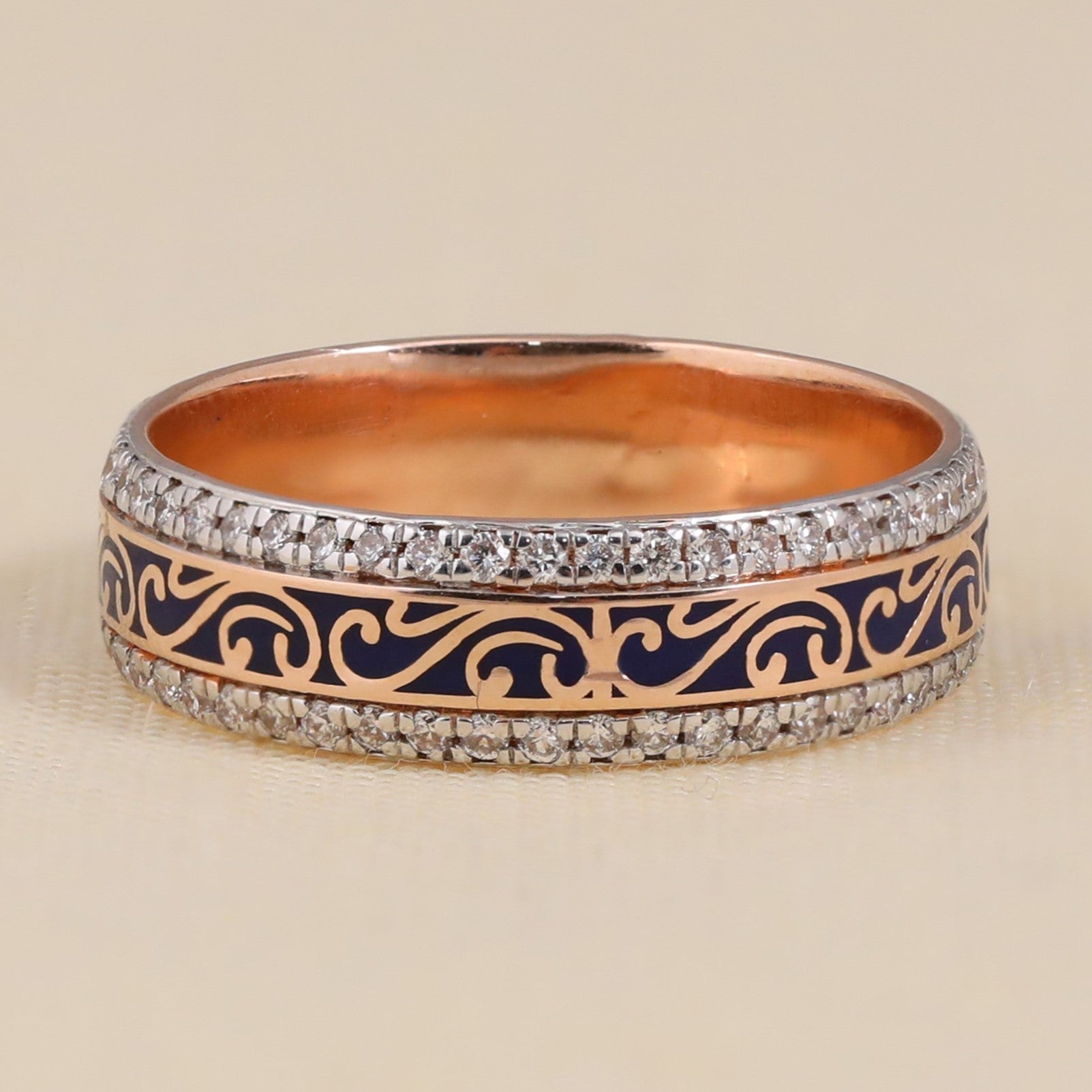 Wide band ring with lab grown diamonds and intricate enamel pattern