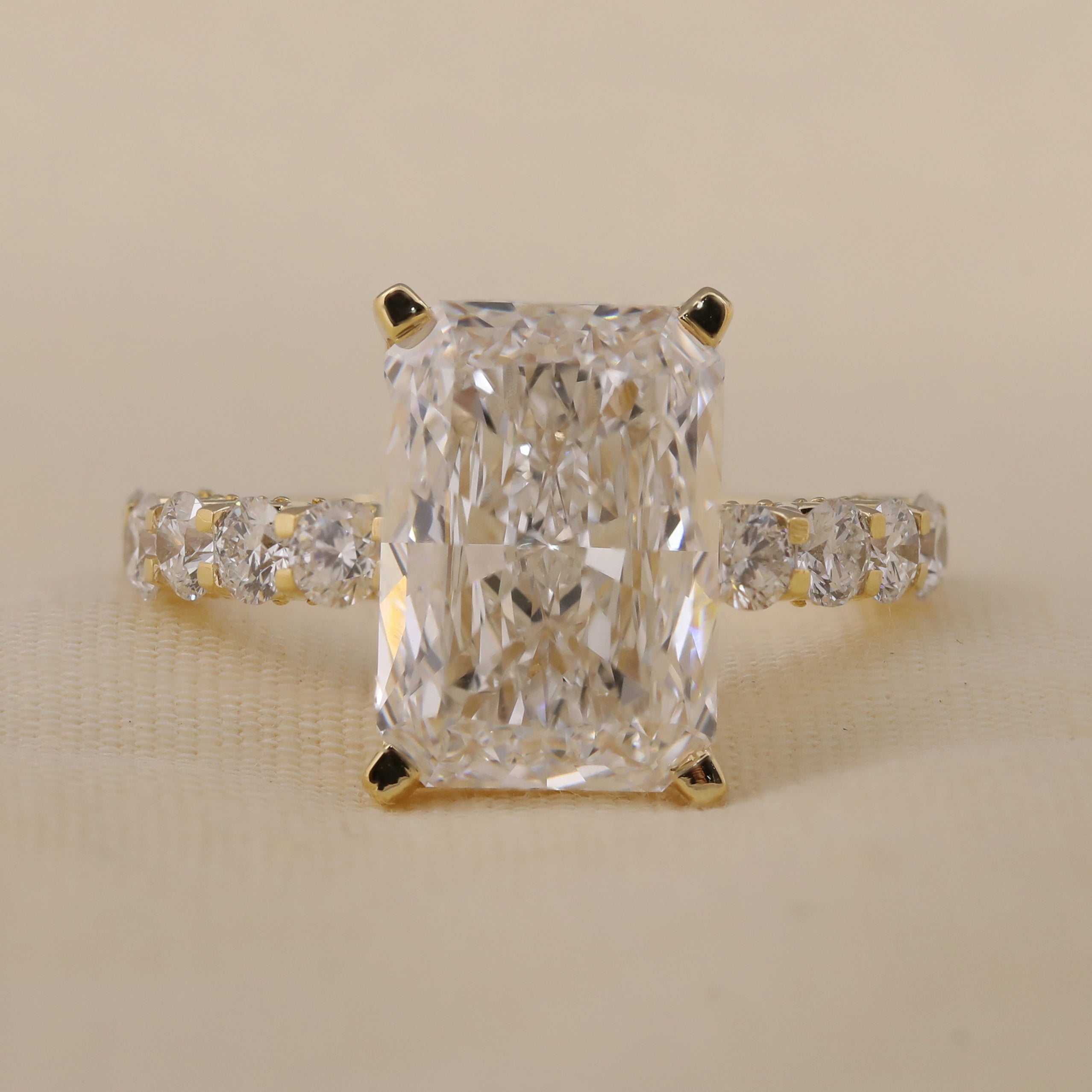 Radiant cut lab grown diamond engagement ring with vintage style band