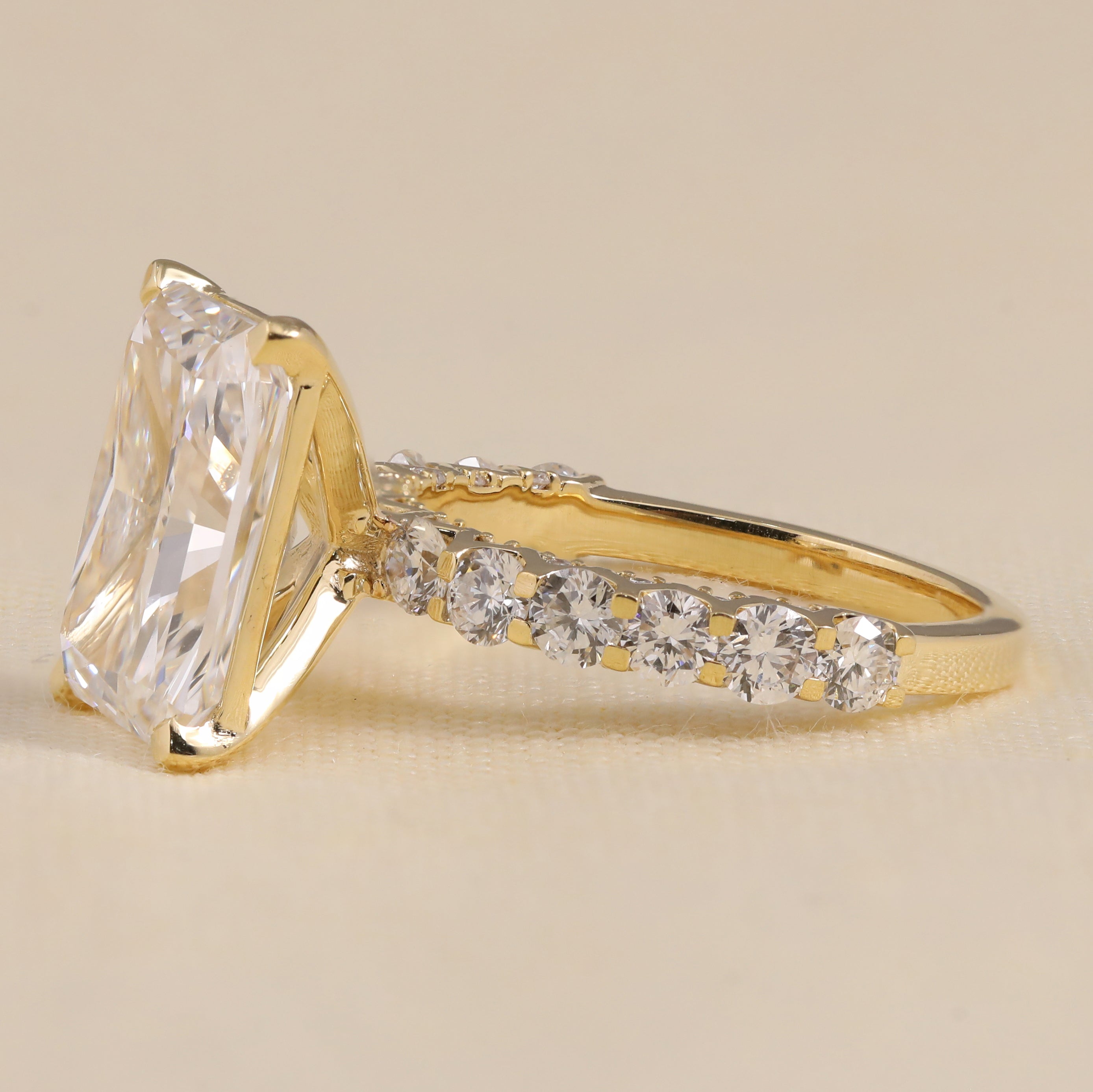 Radiant cut lab diamond engagement ring with vintage style band design