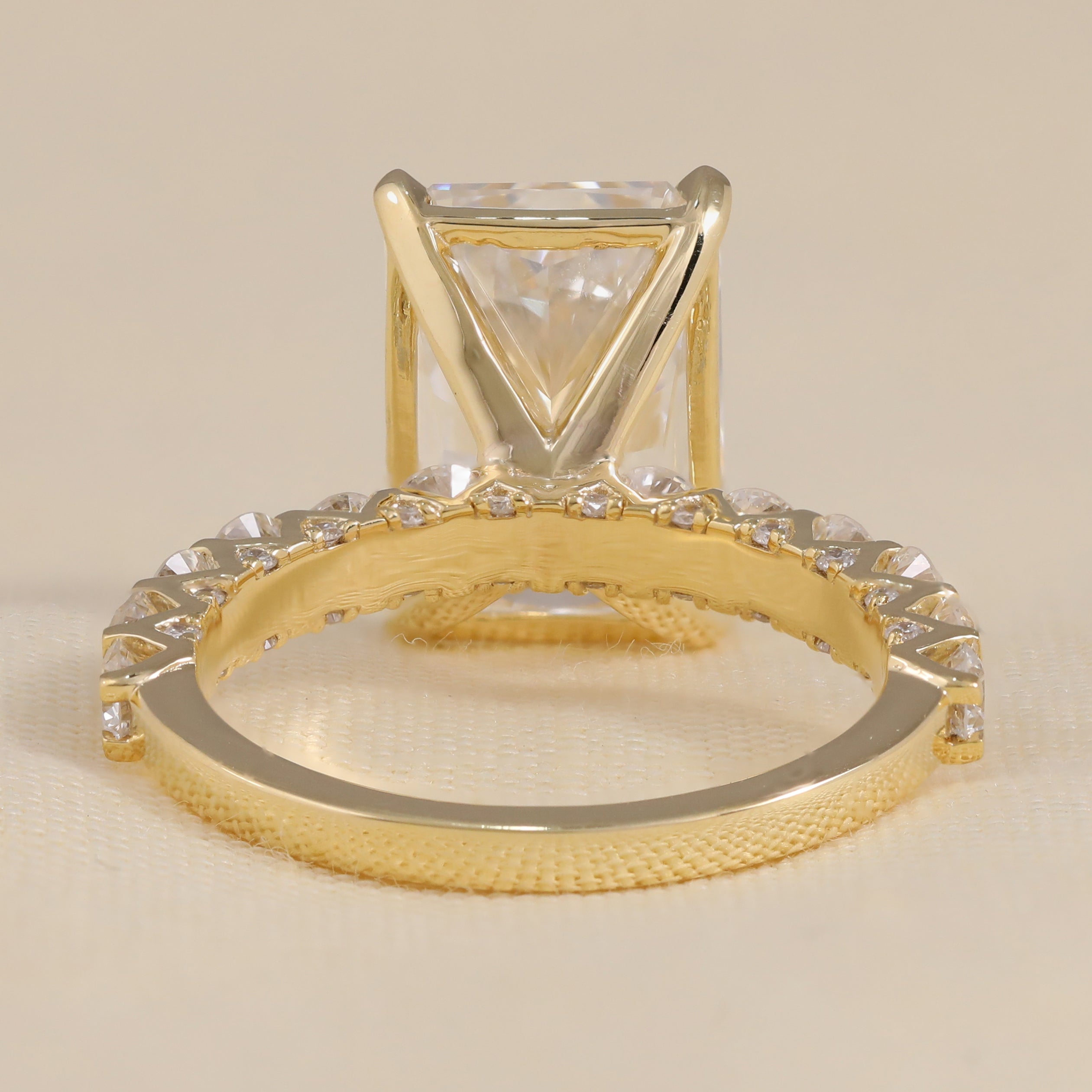 Lab grown radiant diamond ring with vintage style accent band