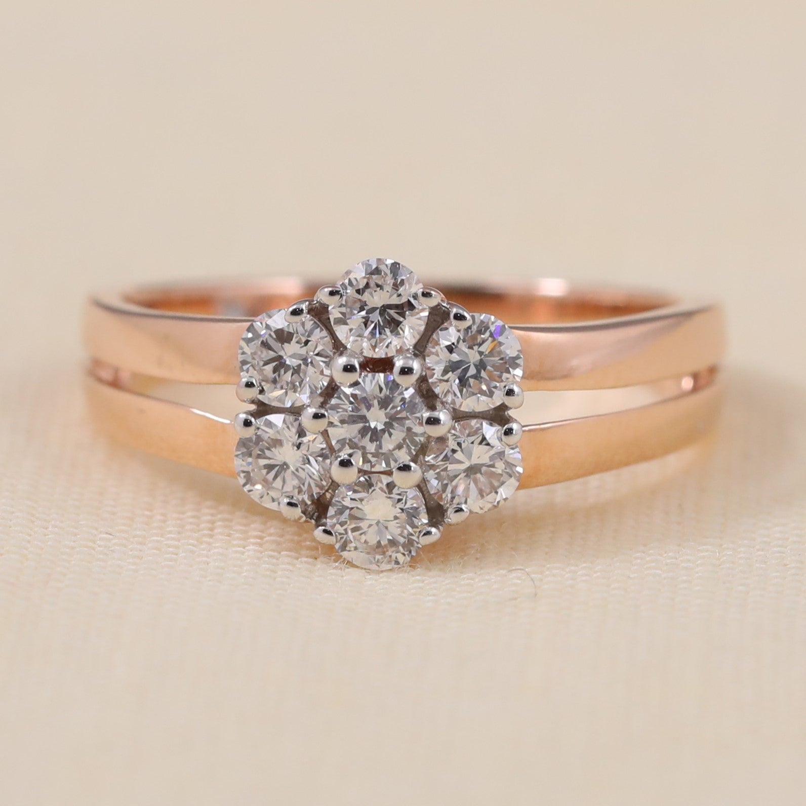 Floral lab-grown diamond cluster ring featuring a polished double rose-gold band