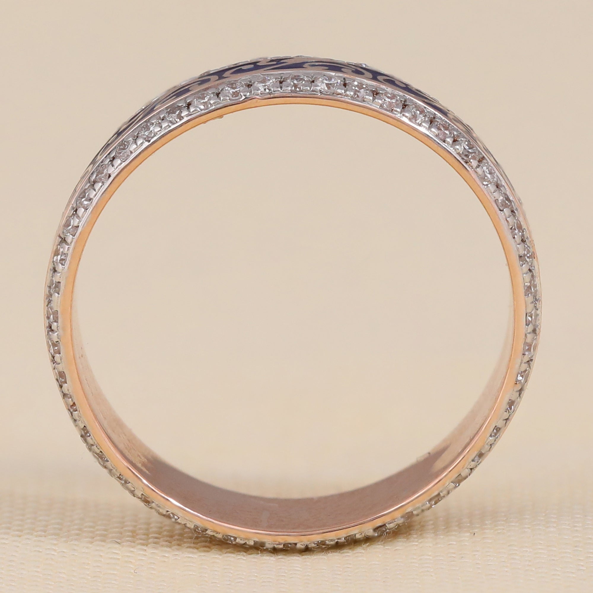 Vintage Style lab Grown Diamond Eternity Ring, Blue Enamel Engraved Band