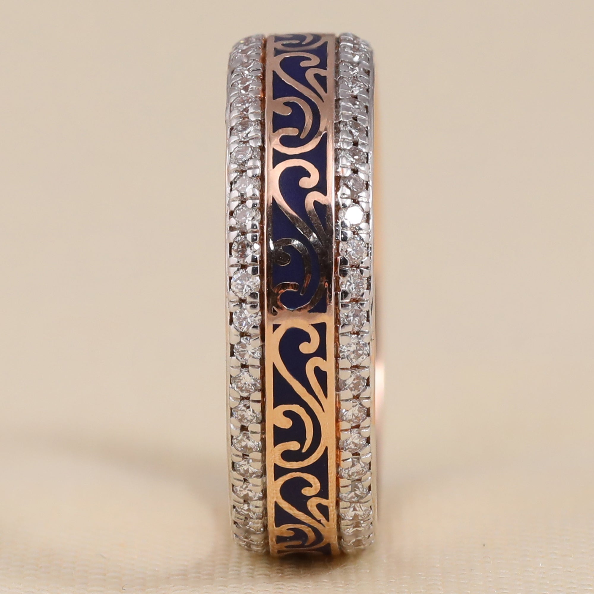 Vintage Style lab Grown Diamond Eternity Ring, Blue Enamel Engraved Band
