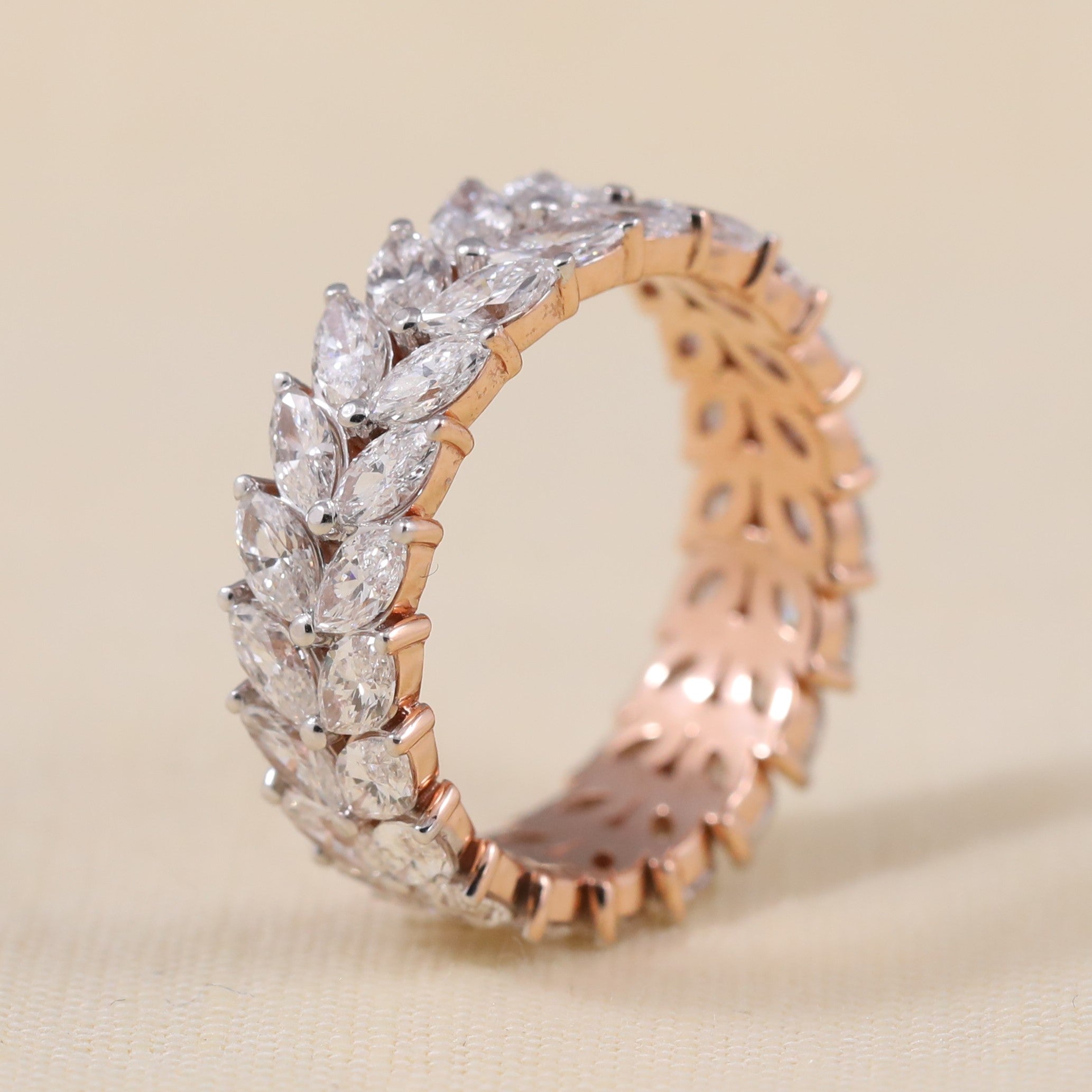 Wide eternity band showcasing brilliant marquise lab-grown diamonds all around
