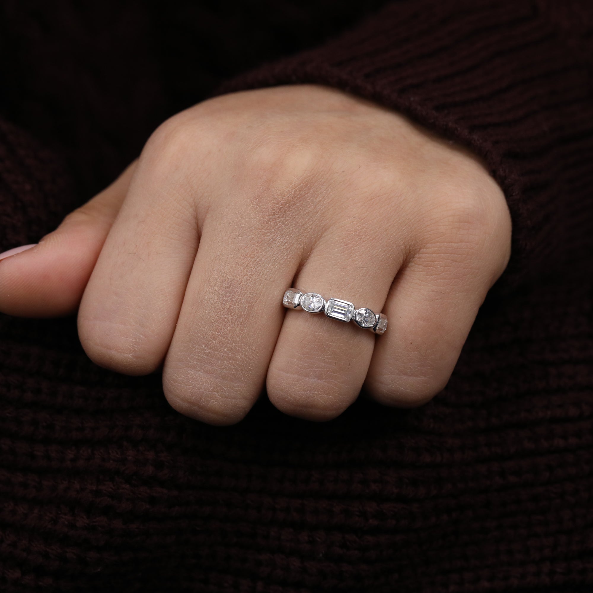 Statement lab diamond band featuring multi-shape stones arranged in a symmetrical design