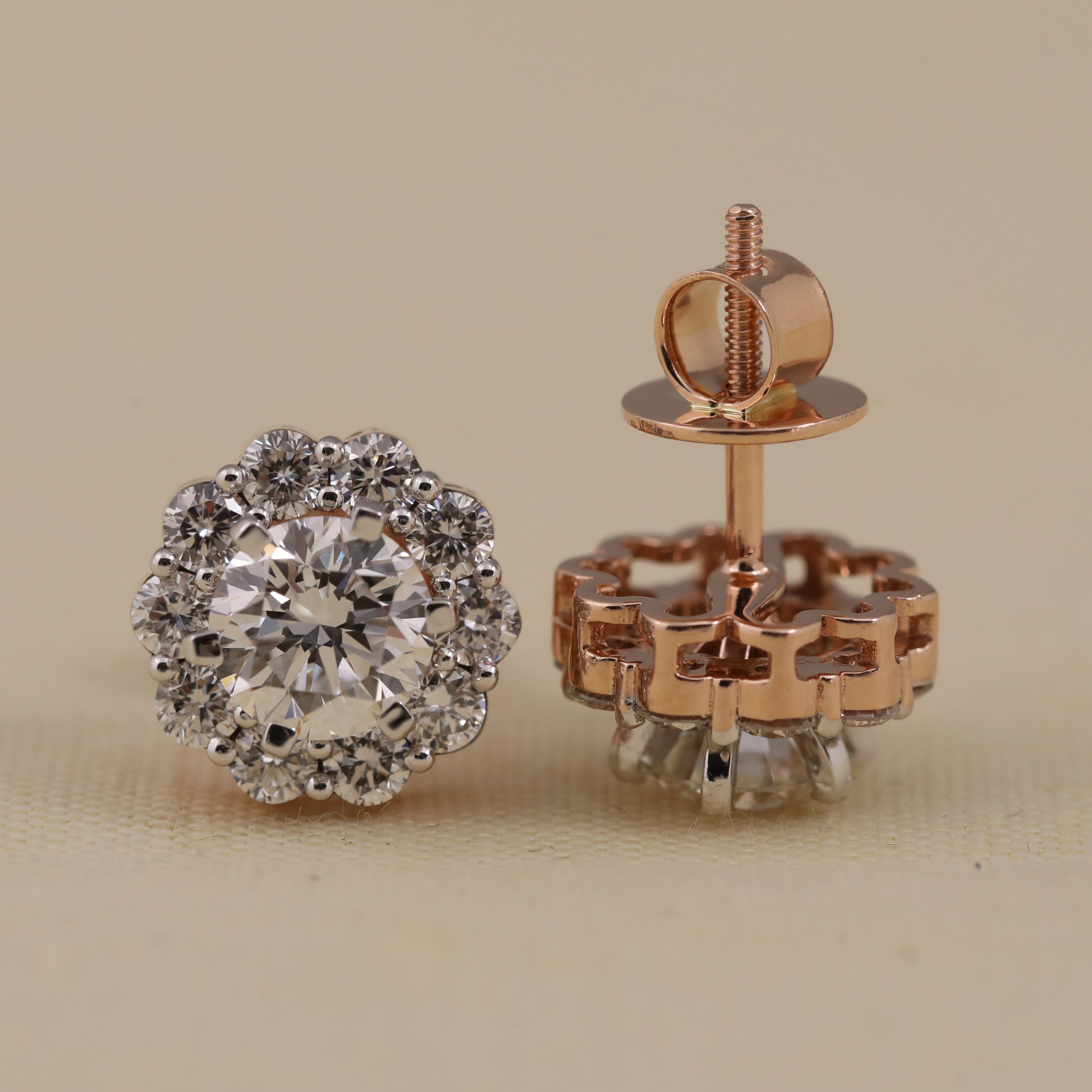 Sparkling floral halo round diamond earrings suited for party and daily wear.