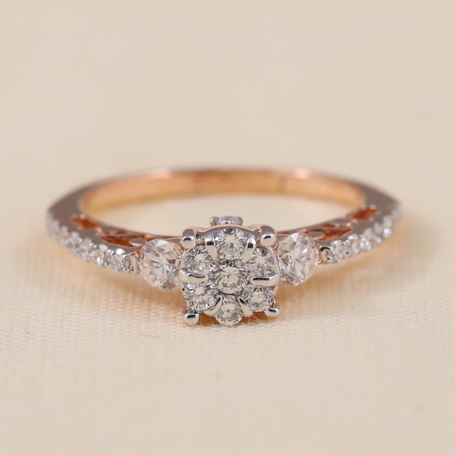 Floral lab diamond cluster engagement ring featuring sparkling stones and elegant band.
