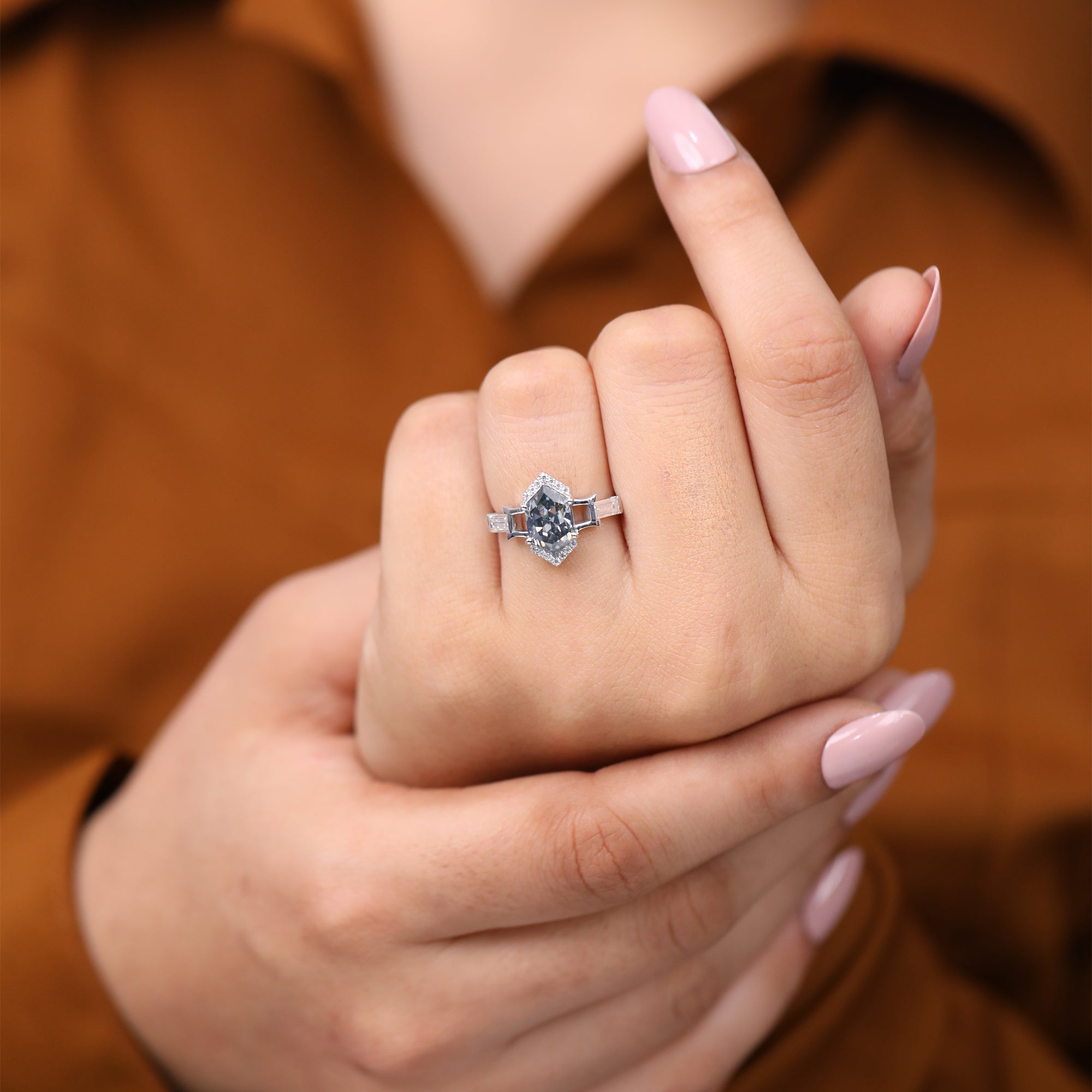 Geometric statement engagement ring featuring lab grown diamonds