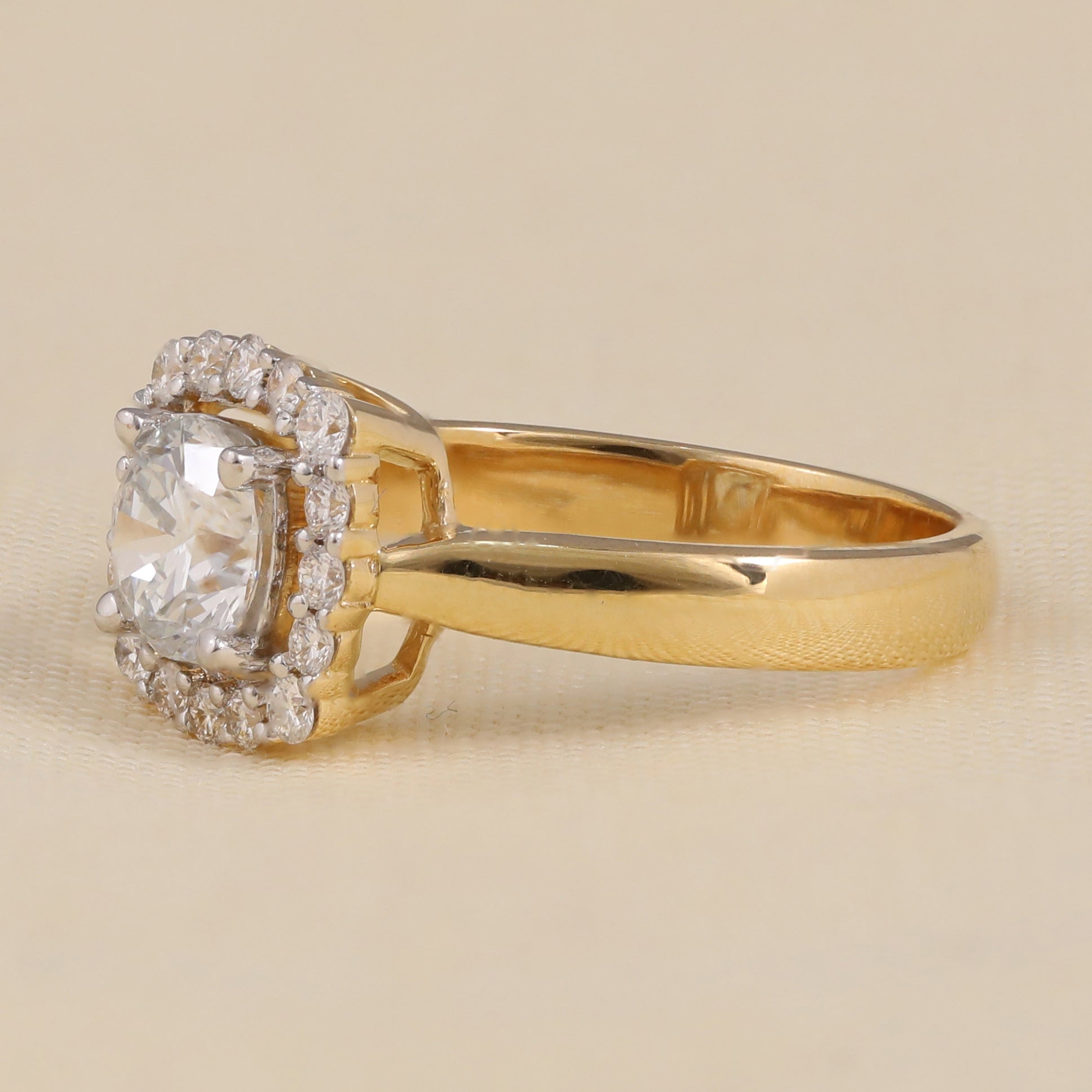 Elegant halo engagement ring with a radiant round lab diamond center