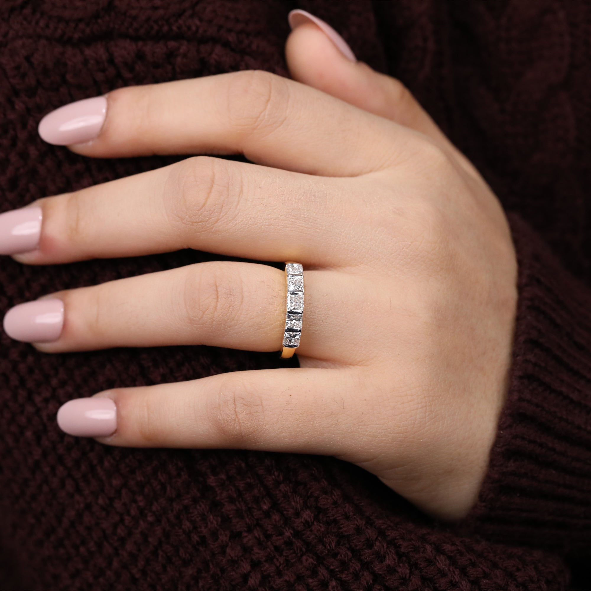 Five-stone lab diamond ring with princess-cut brilliance for a sleek everyday style
