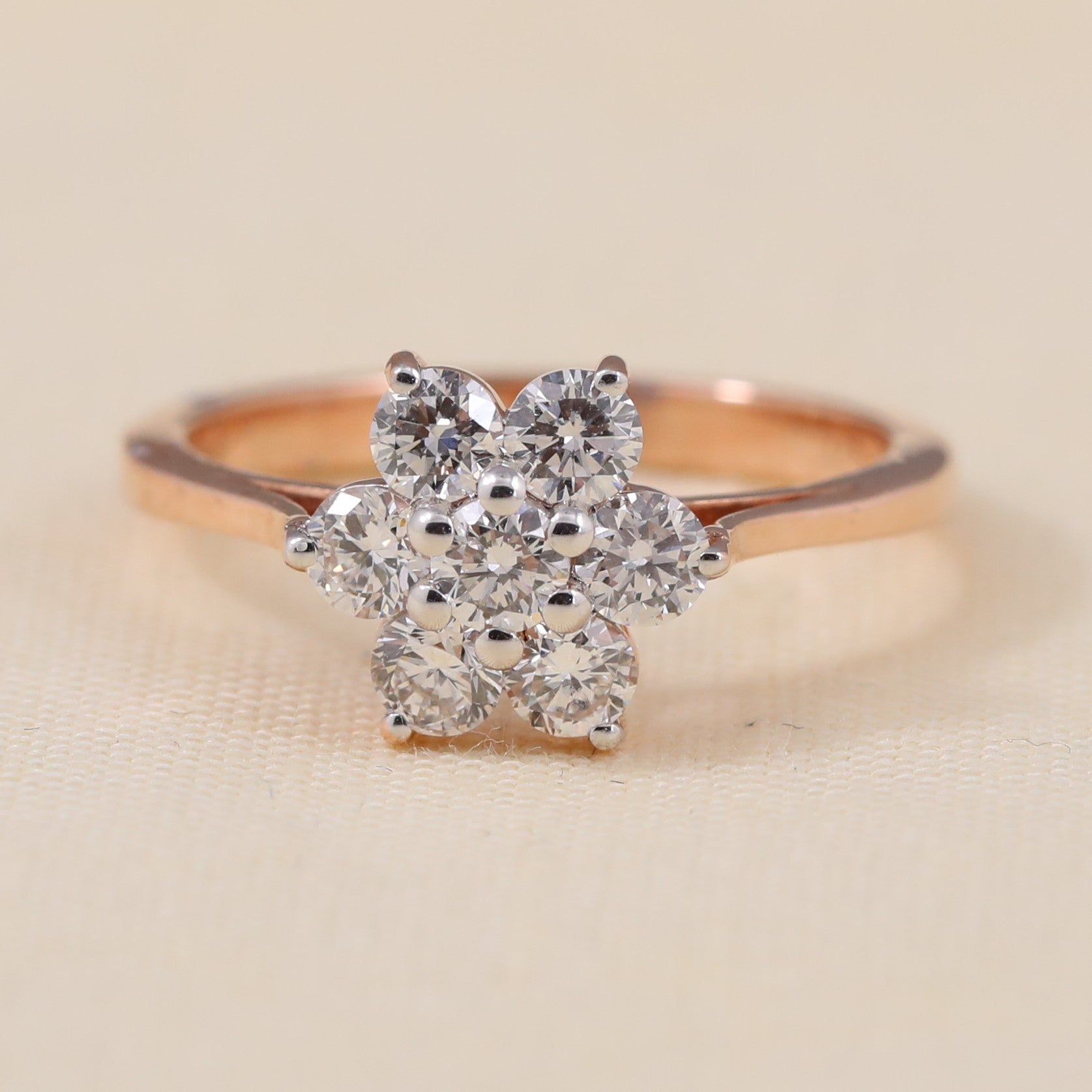 Floral lab grown diamond cluster ring featuring a bright seven stone design