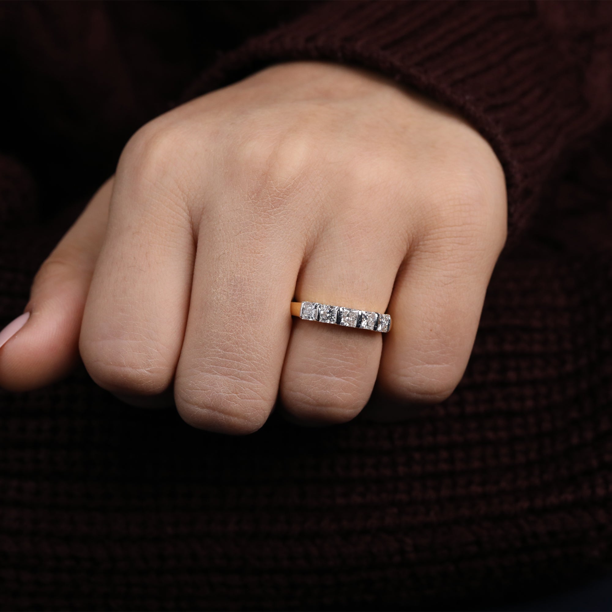 Straight-line band ring with five radiant princess-cut lab-grown diamonds
