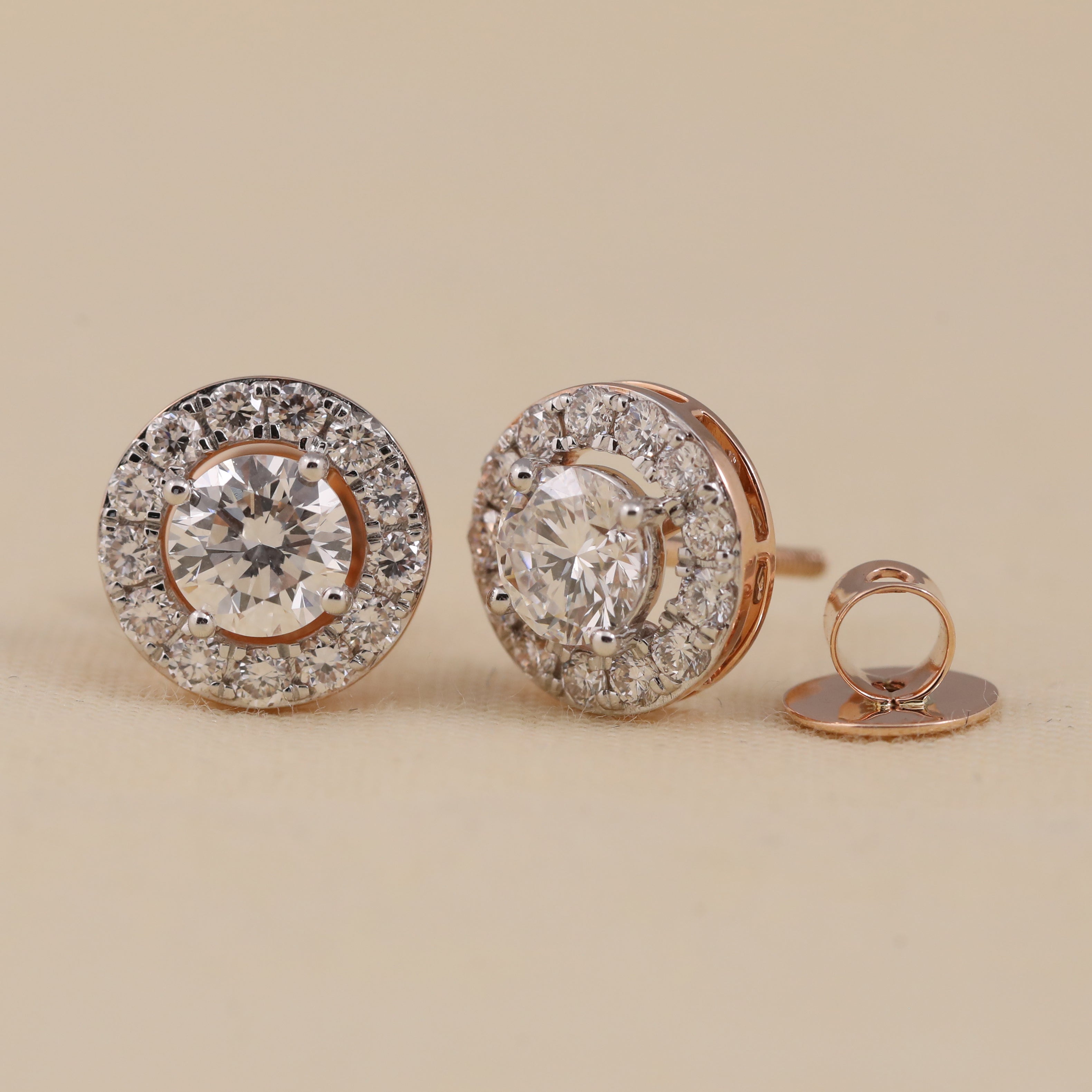 Dazzling round halo diamond earrings suited for daily wear and celebrations